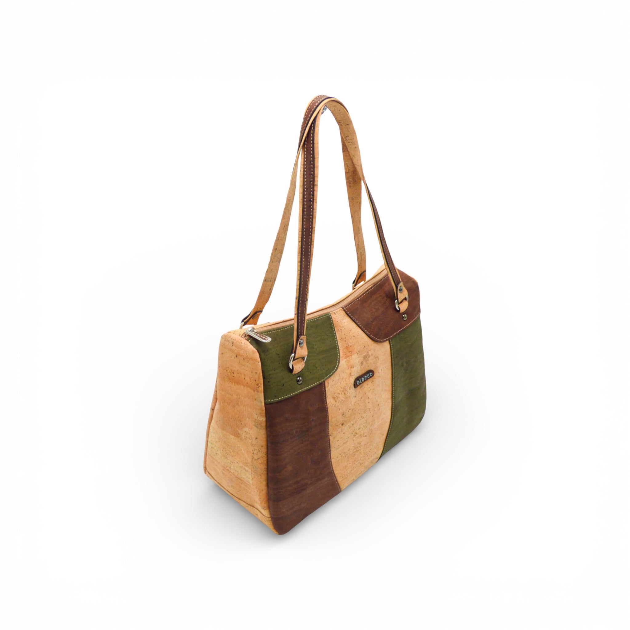 Sac cabas Odemira en liège multicolore naturel, vert et brun porté épaule — Elenco, Portugal