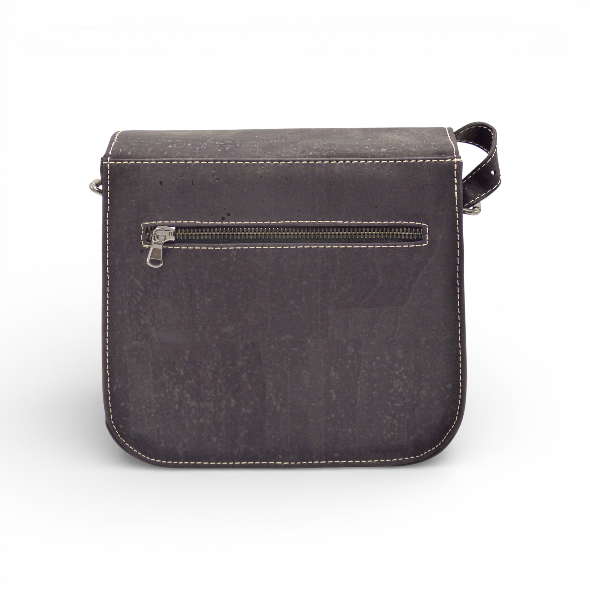 Chic black cork shoulder bag from Marla Pais with a zippered back pocket and waterproof design.