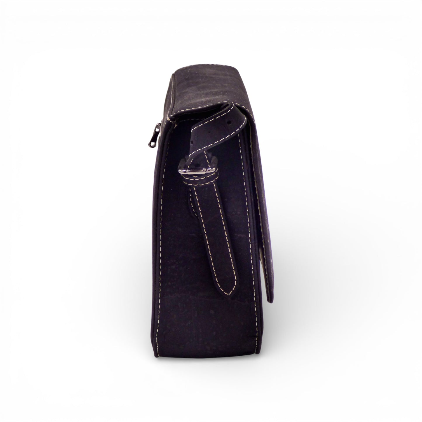 Chic black cork shoulder bag by Marla Pais with a zippered back pocket and durable, waterproof design.