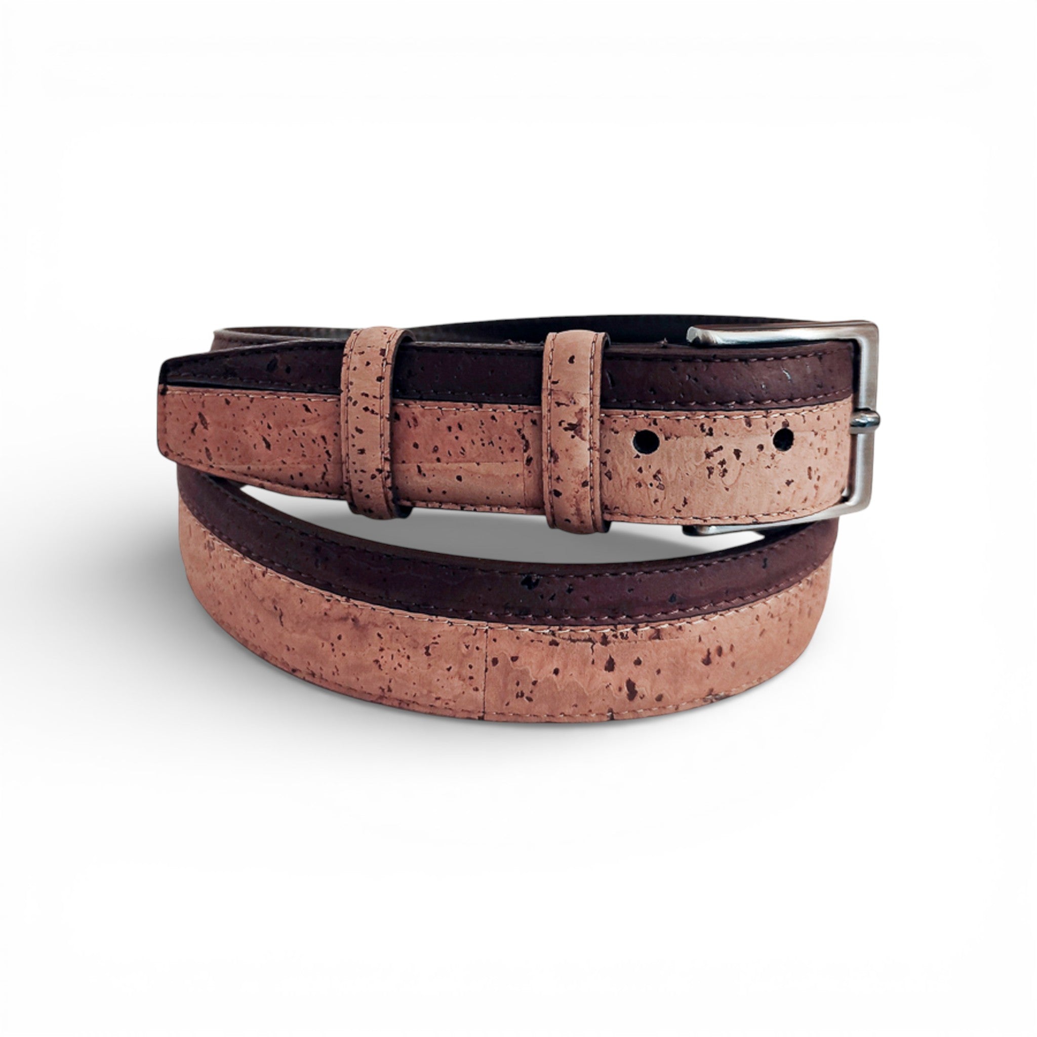Ceinture en liège bicolore brun et rosé enroulée — TC Cortiça, boucle métal, Portugal