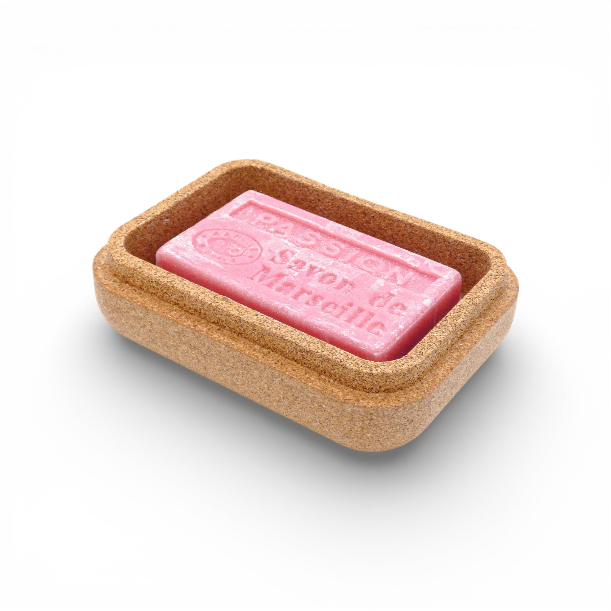 Savon de Marseille rose dans sa boîte de transport écologique, vue ouverte