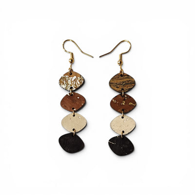 Boucles d'oreilles pendantes en liège cascade 4 pastilles, bijou léger fait main au Portugal