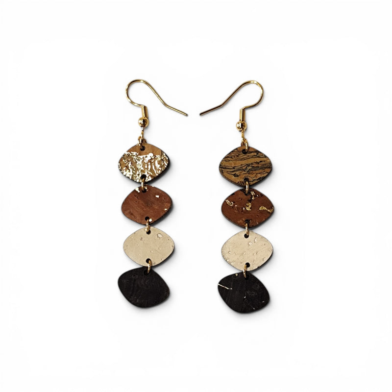 Boucles d'oreilles pendantes en liège cascade 4 pastilles, bijou léger fait main au Portugal