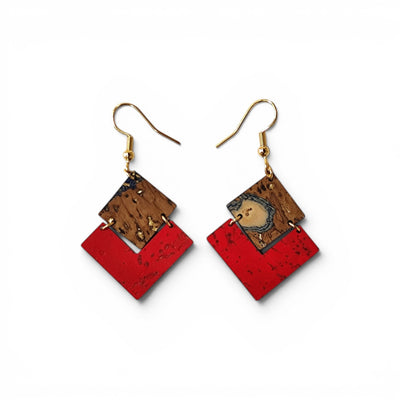 Losanges en liège naturel et rouge vif, boucles d'oreilles vegan cadeau femme original