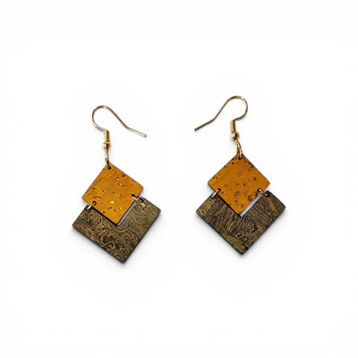 Boucles d'oreilles géométriques en liège bicolore ambre et vert, bijou léger artisanat Portugal