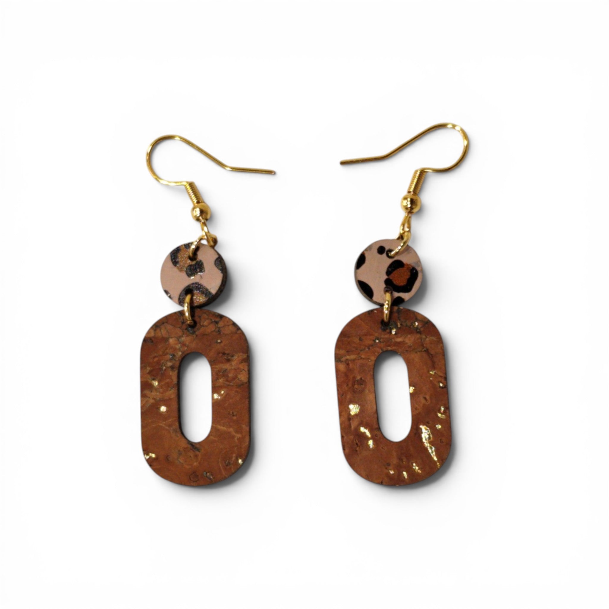 Pendantes liège caramel pailleté doré et disque léopard rose, cadeau femme original Portugal
