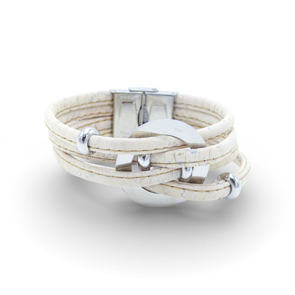 Multi-layered bracelet with a central medallion in Cork Colors, featuring a silver clasp and white cork material.