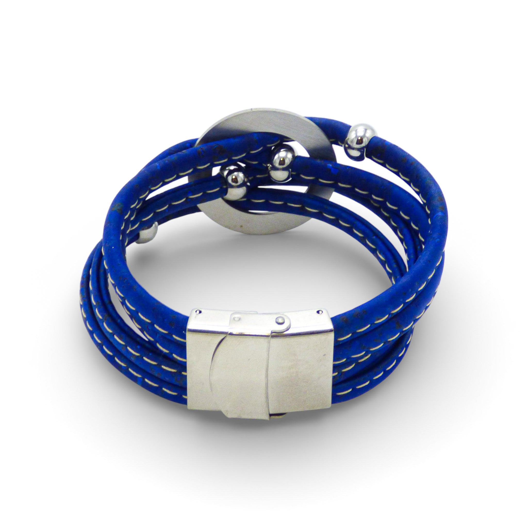 Multi-layered bracelet with central medallion in cork colors, featuring a large silver clasp by Cork Colors.