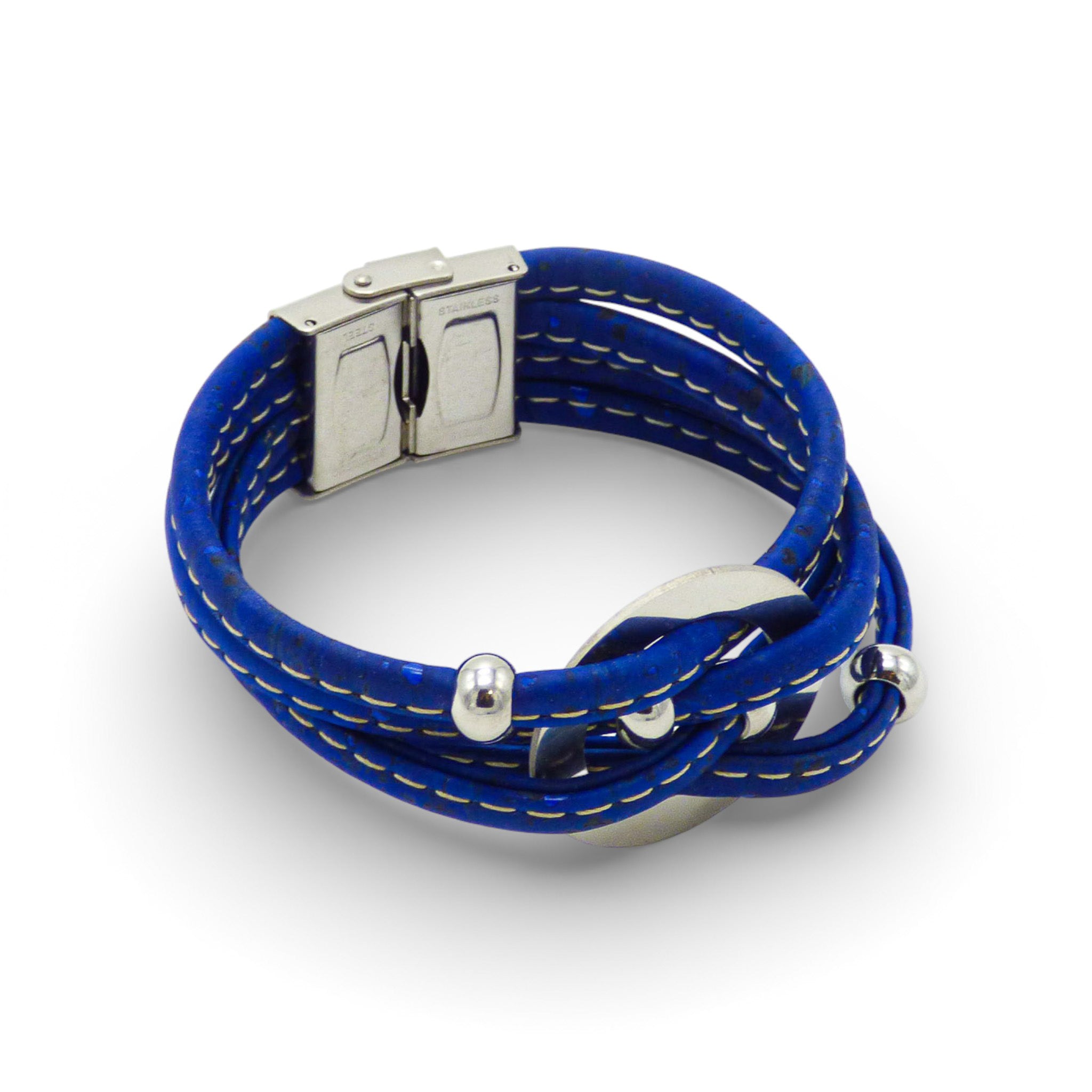 Multi-layered bracelet with central medallion in Cork Colors, featuring a blue design and silver clasp detail.
