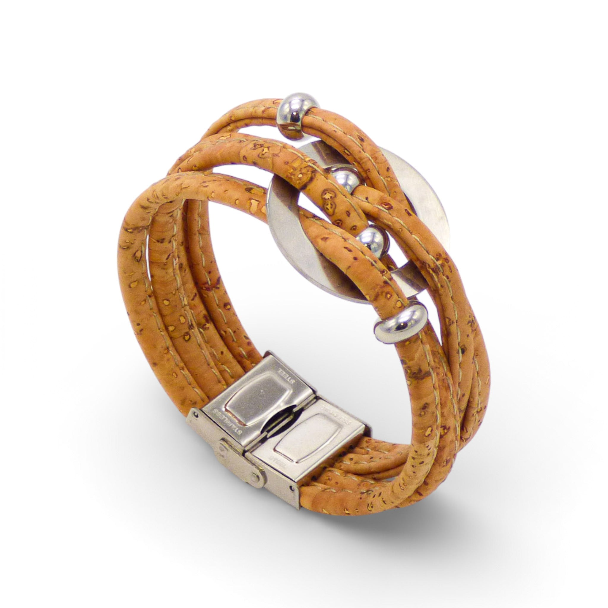 Multi-layered medallion bracelet by Cork Colors featuring a silver clasp and vibrant cork colors.