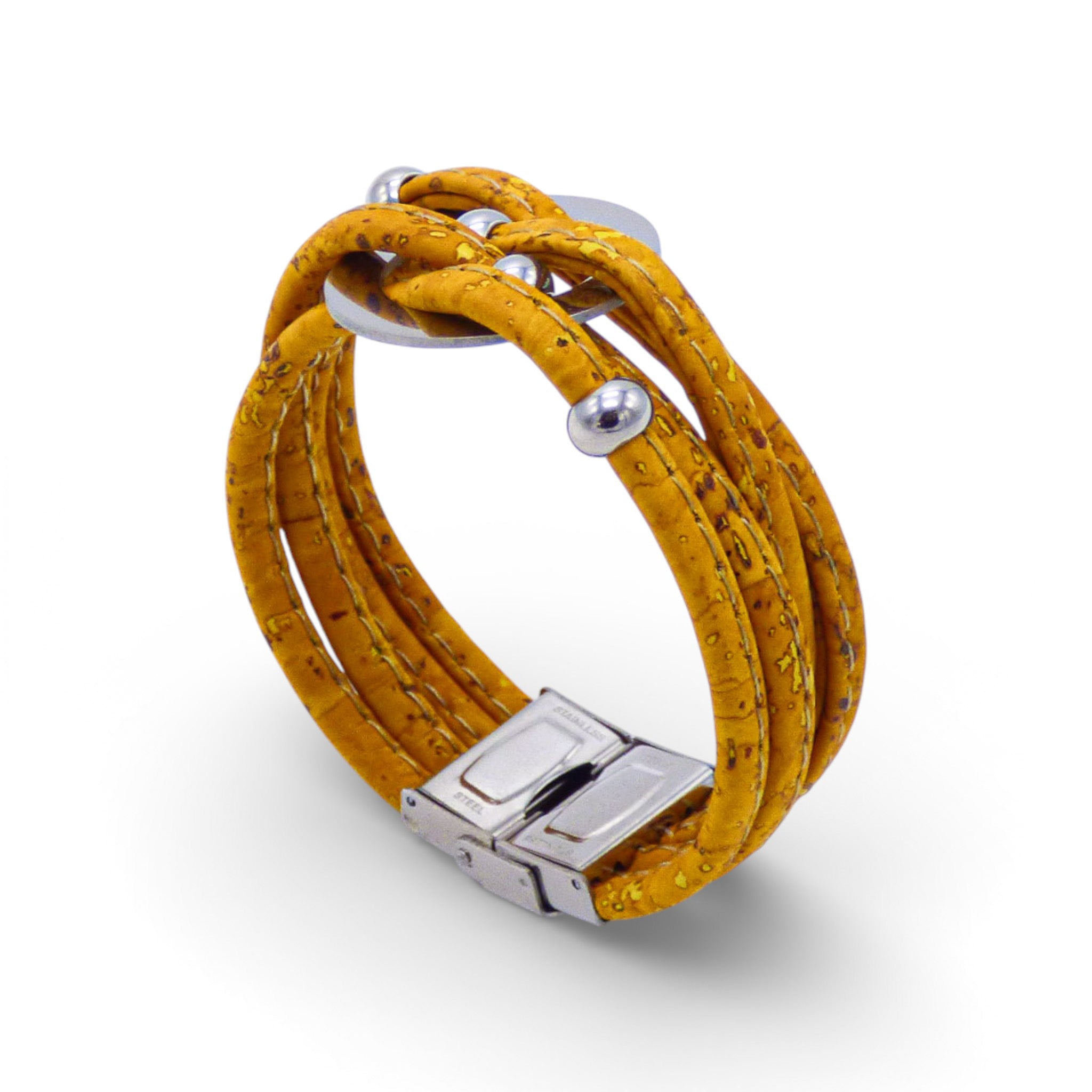 Multi-layered bracelet with central medallion in vibrant cork colors by Cork Colors, featuring a large silver clasp.