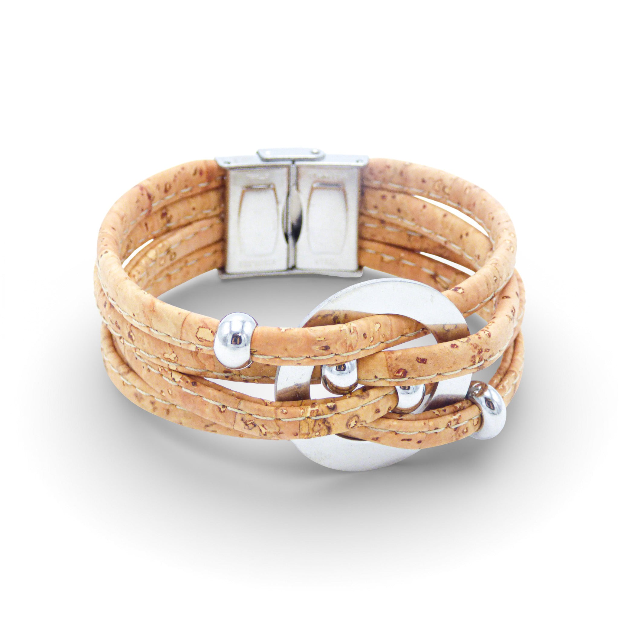 Multi-layered Cork Colors bracelet featuring a central medallion and a large silver clasp.