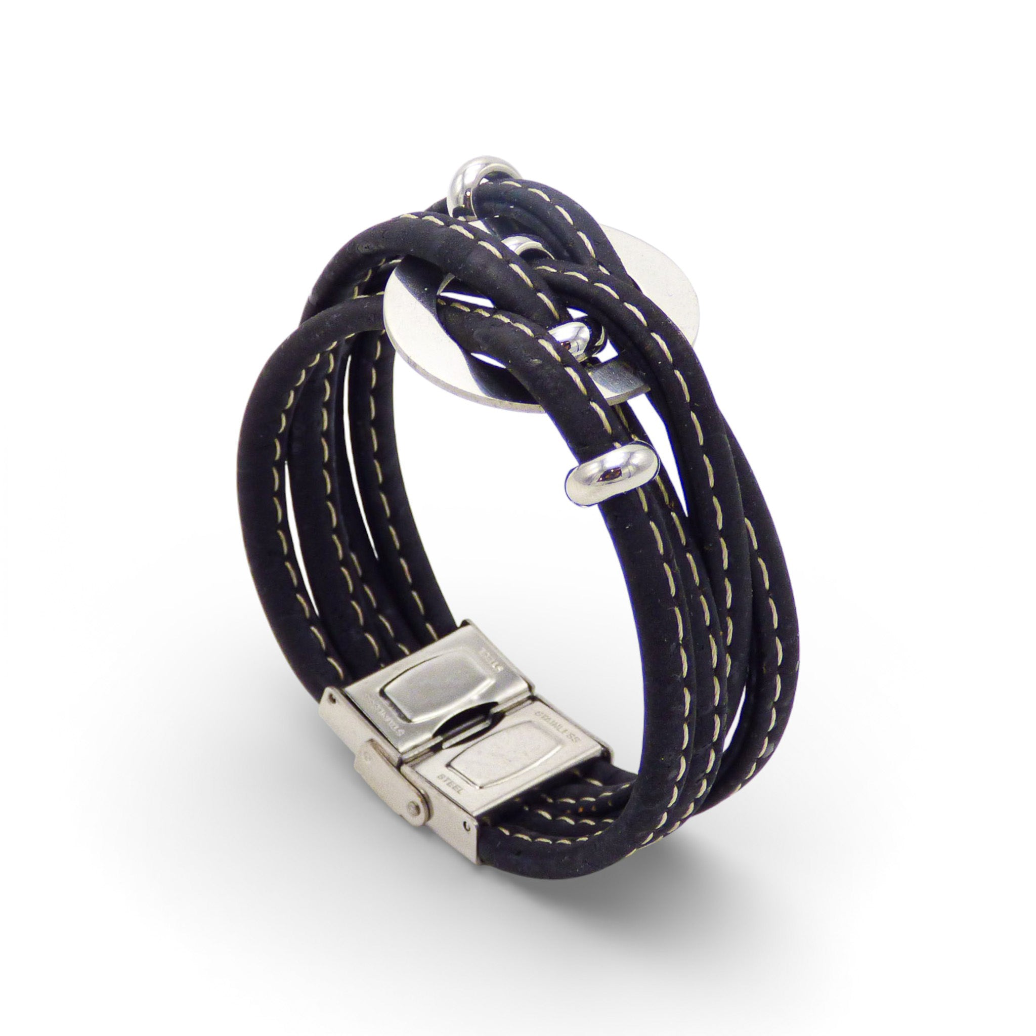 Multi-layered bracelet with central medallion in Cork Colors, featuring a black cork design and silver clasp.