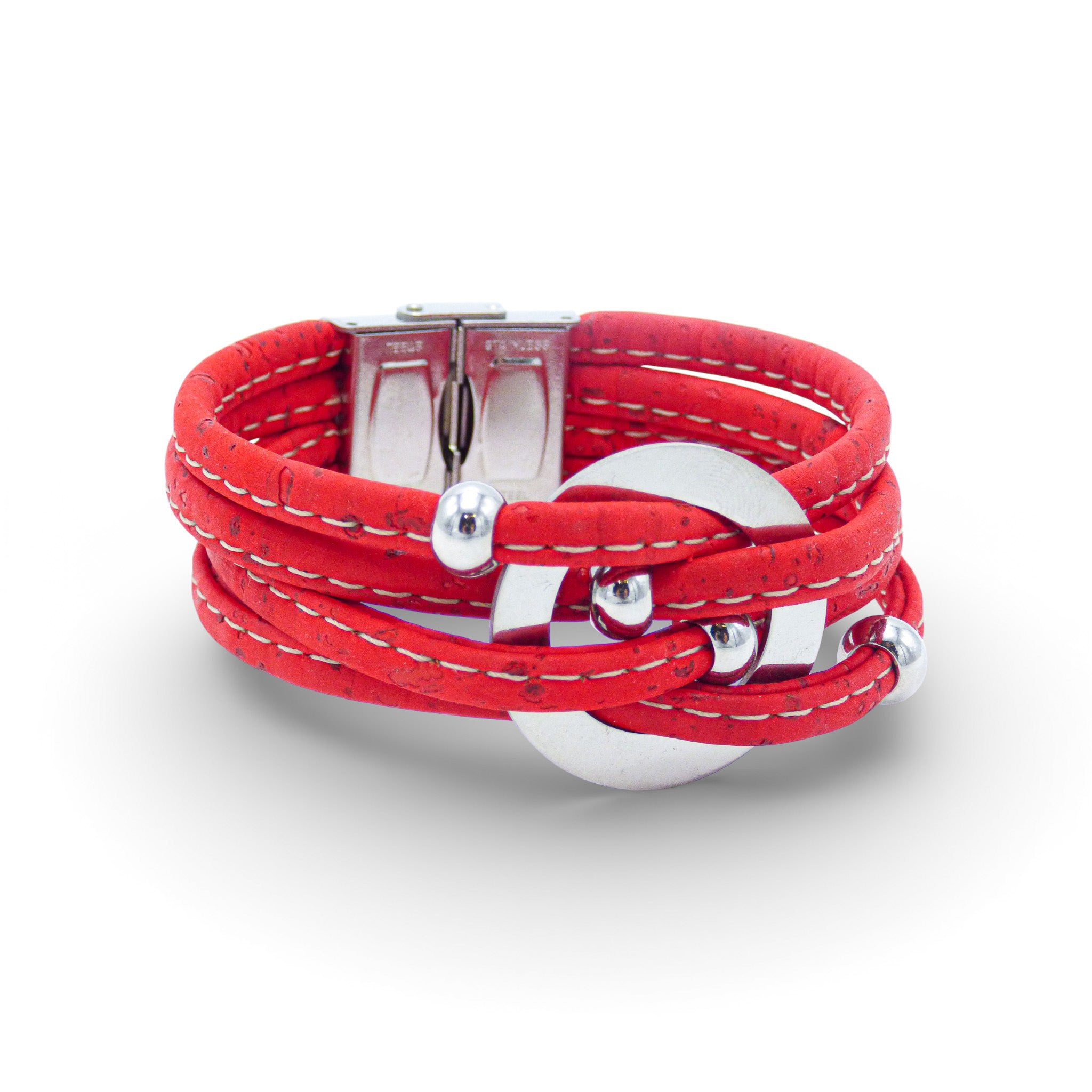 Multi-layered bracelet with central medallion in vibrant cork colors by Cork Colors, featuring a large silver clasp.