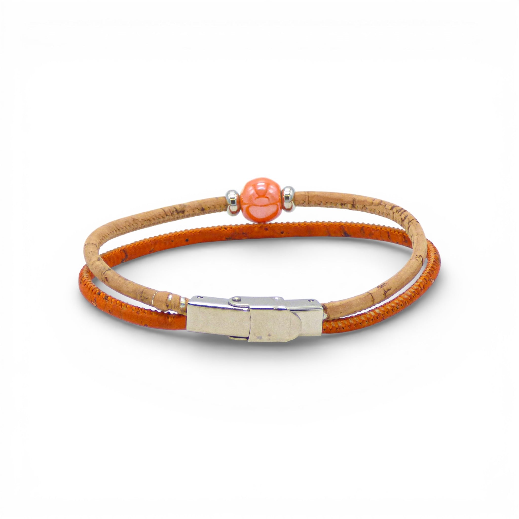 Bracelet en liège naturel et orange, perle céramique — Cork Colors, fermoir aimanté, Portugal