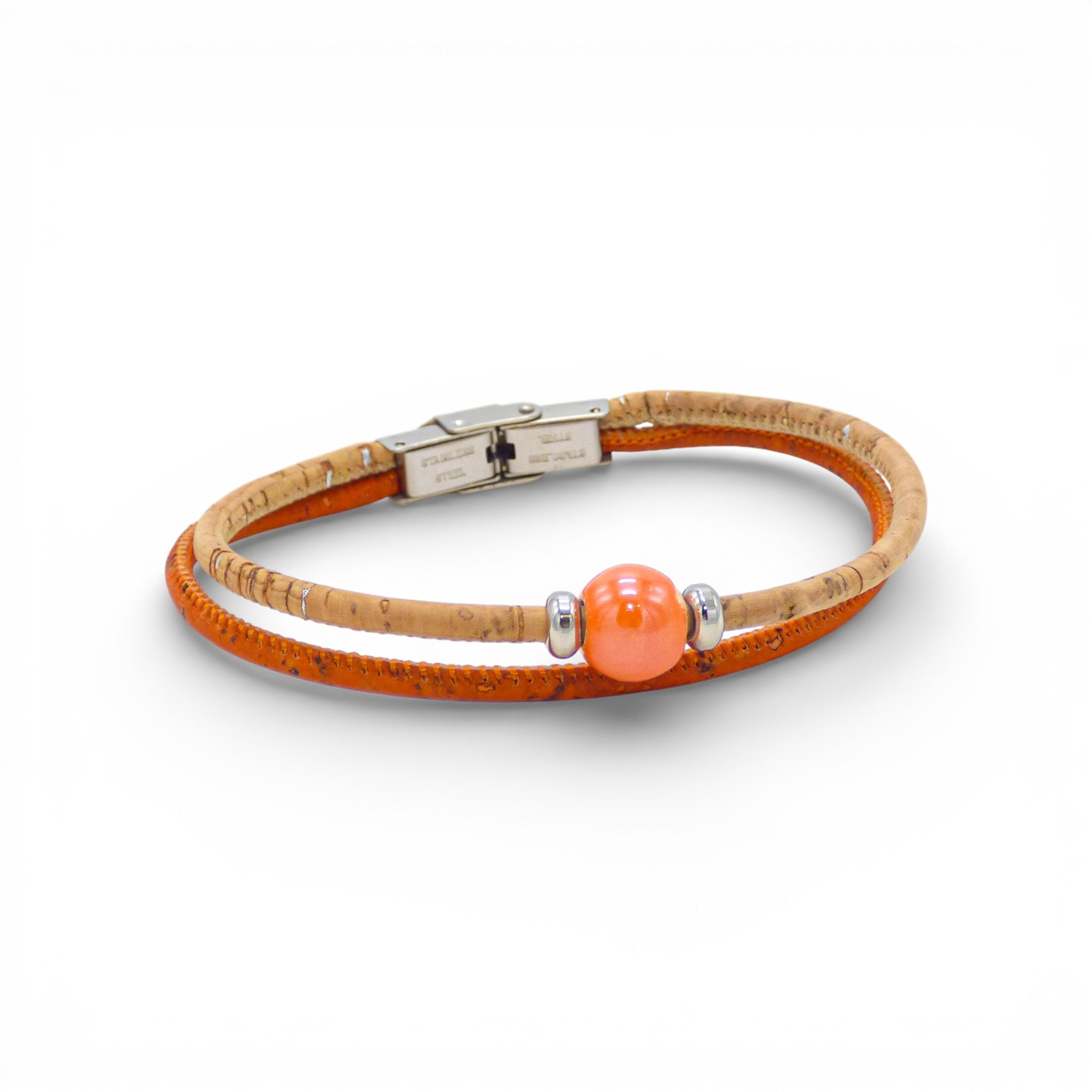 Bracelet en liège naturel et orange, perle céramique — Cork Colors, fermoir acier, Portugal