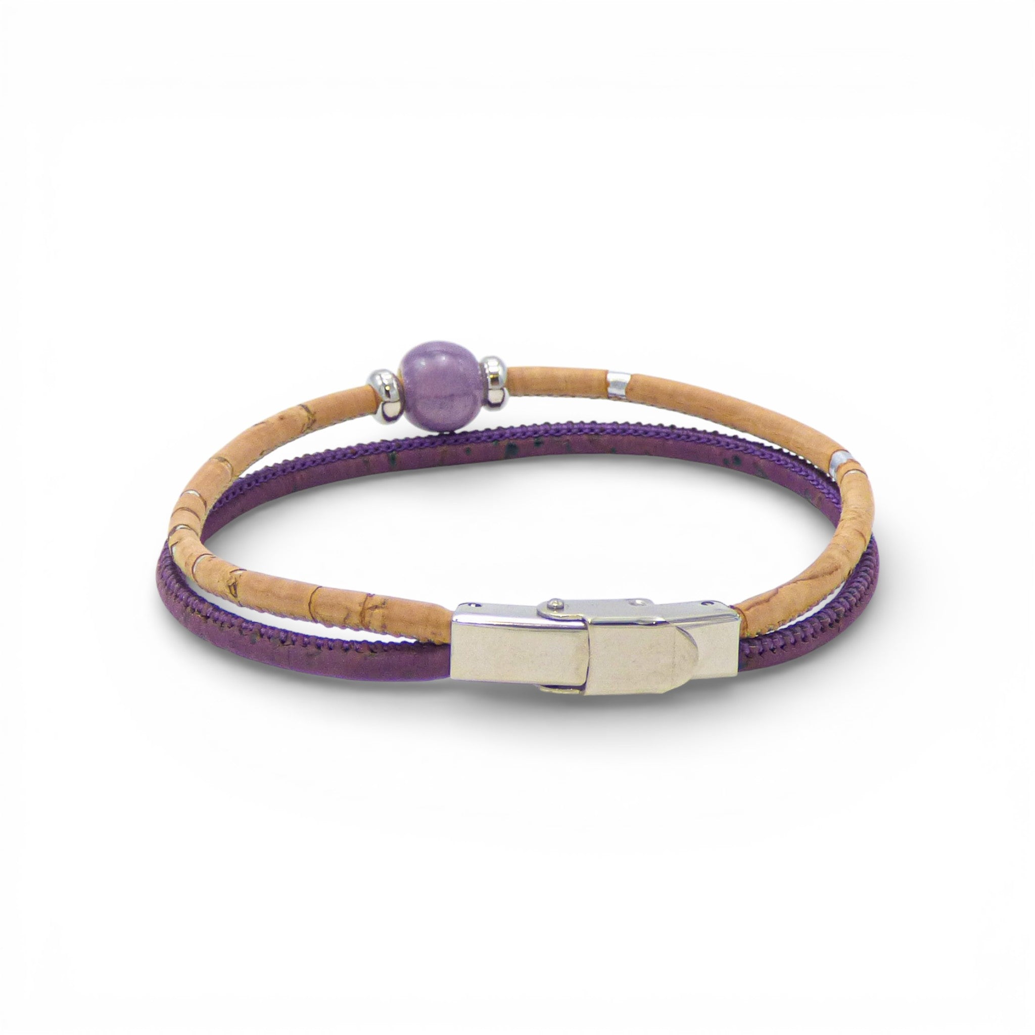 Bracelet en liège naturel et violet, perle céramique — Cork Colors, fermoir aimanté, Portugal