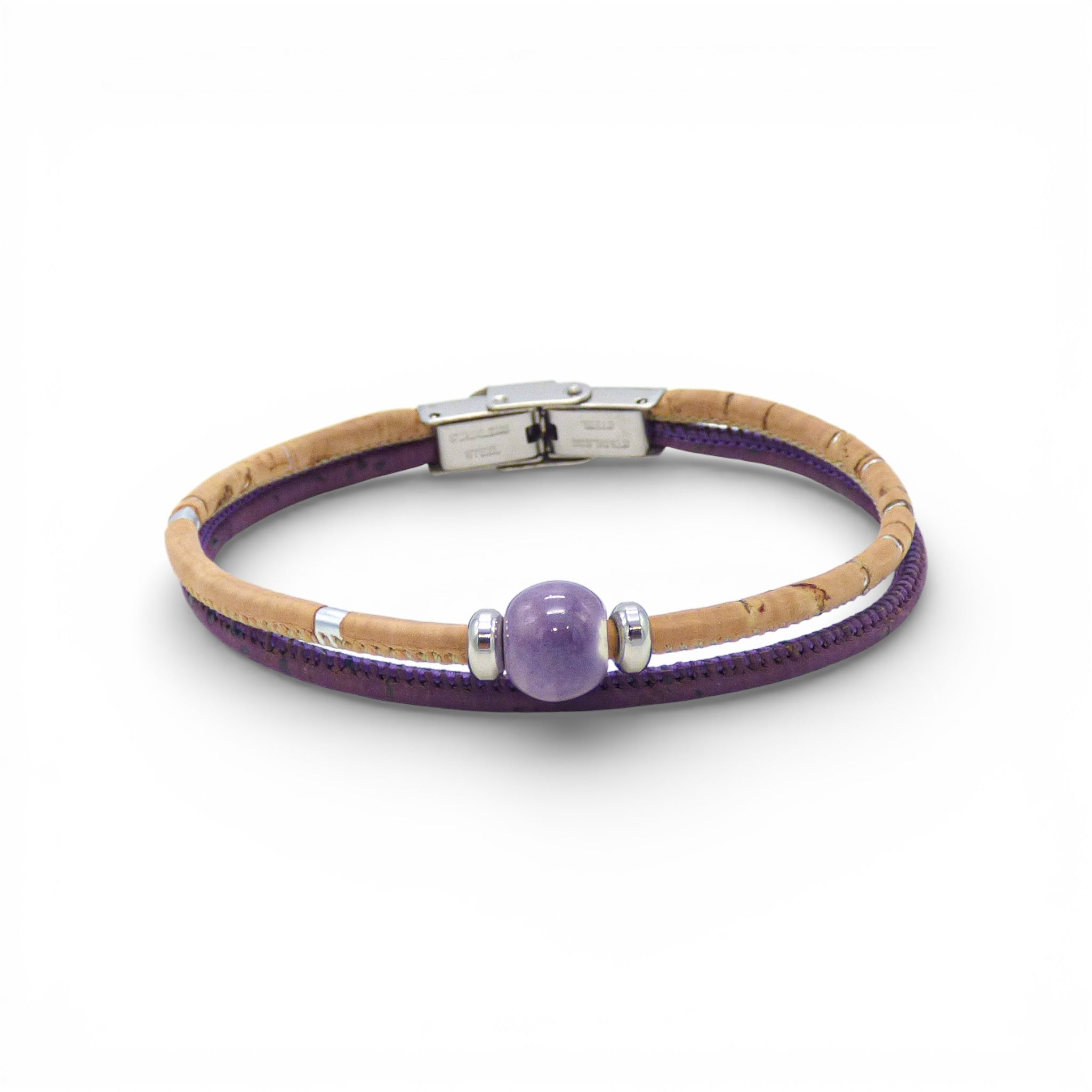 Bracelet en liège naturel et violet, perle céramique — Cork Colors, fermoir acier, Portugal