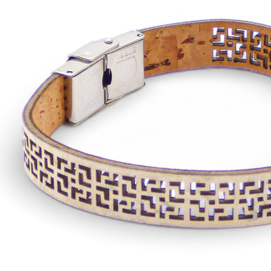 White geometric cork bracelet with Greek pattern and stainless steel clasp by Cork Colors for women.