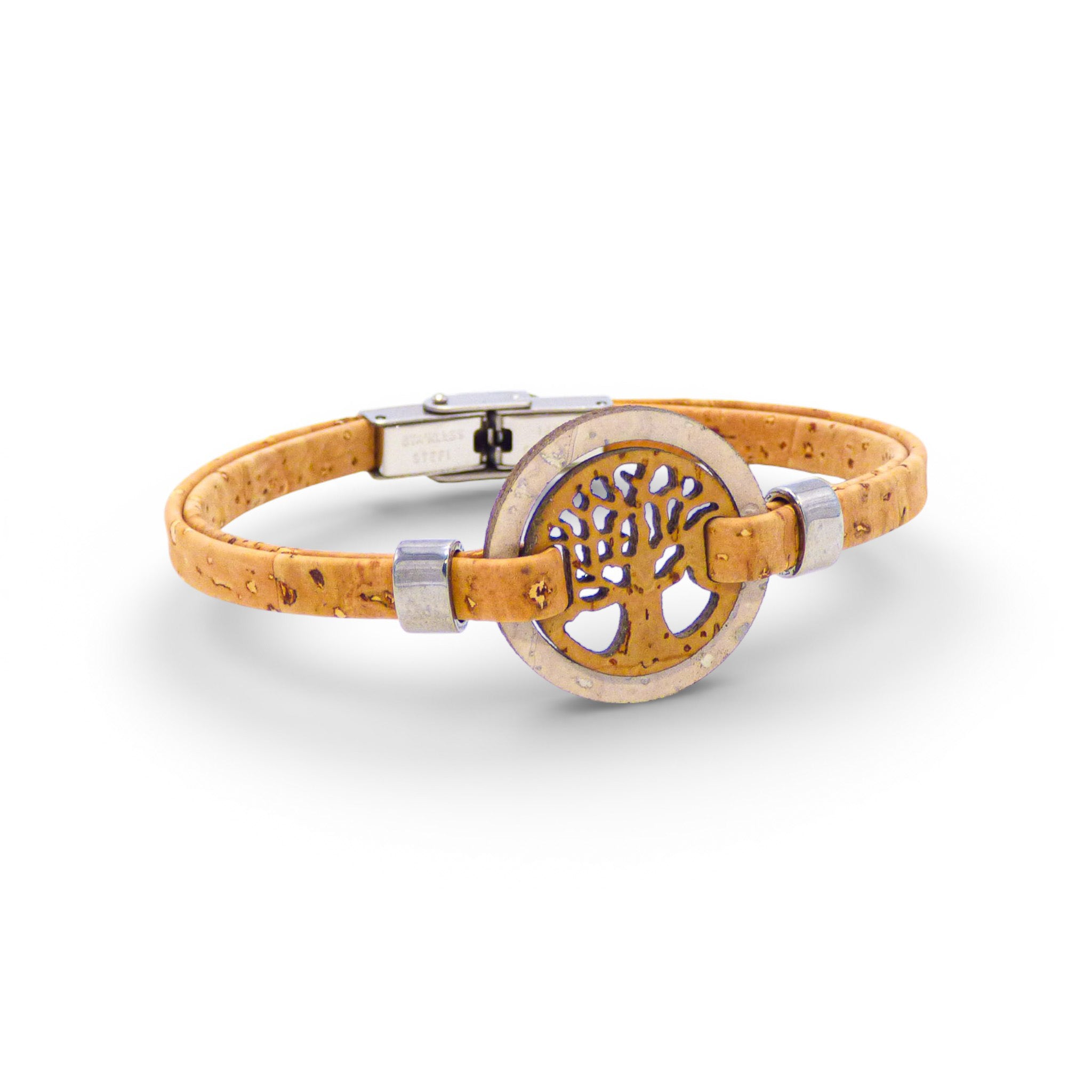 White natural cork tree of life medallion bracelet for women by Cork Colors, featuring a delicate design and earthy tones.
