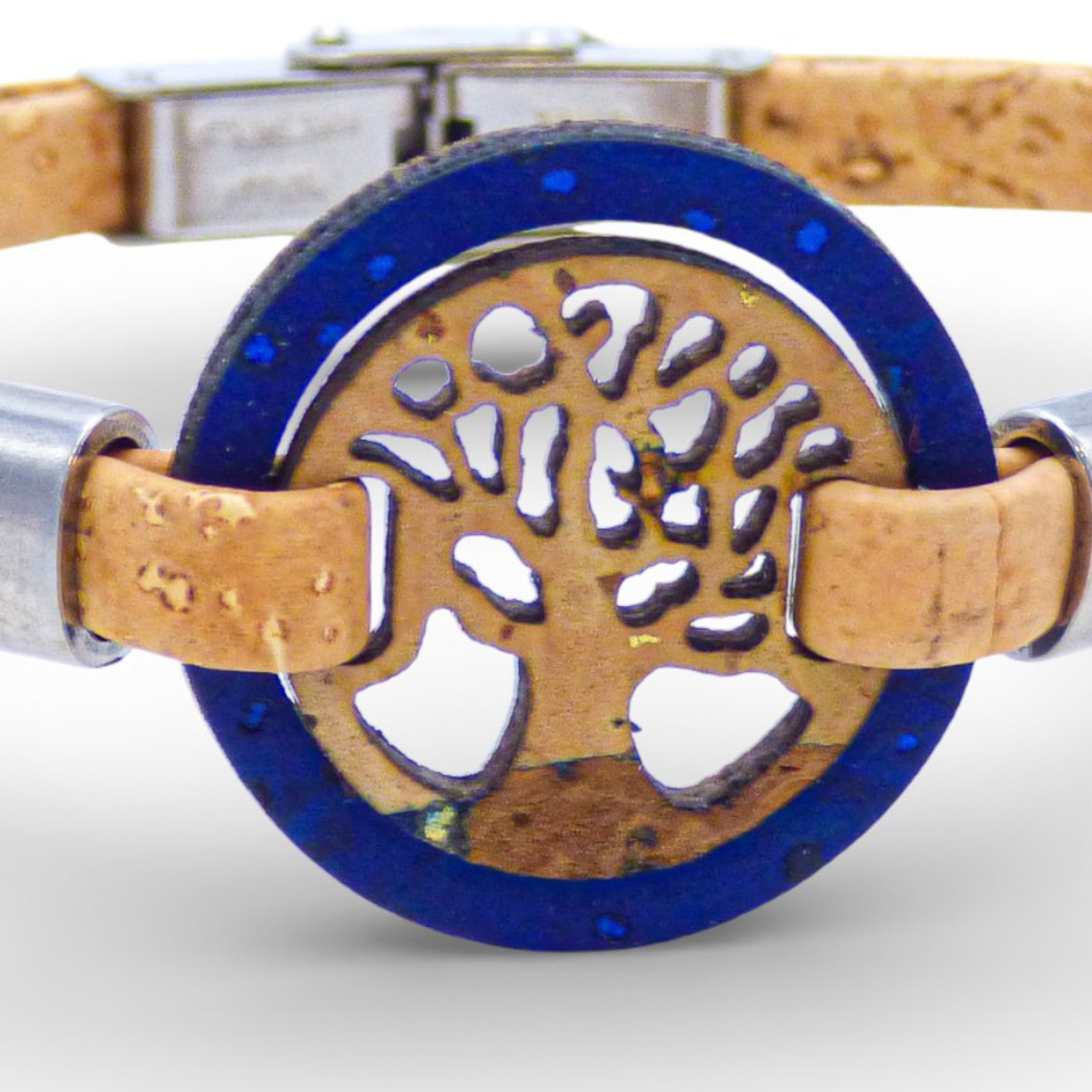 Blue cork bracelet featuring a Tree of Life medallion by Cork Colors for women.