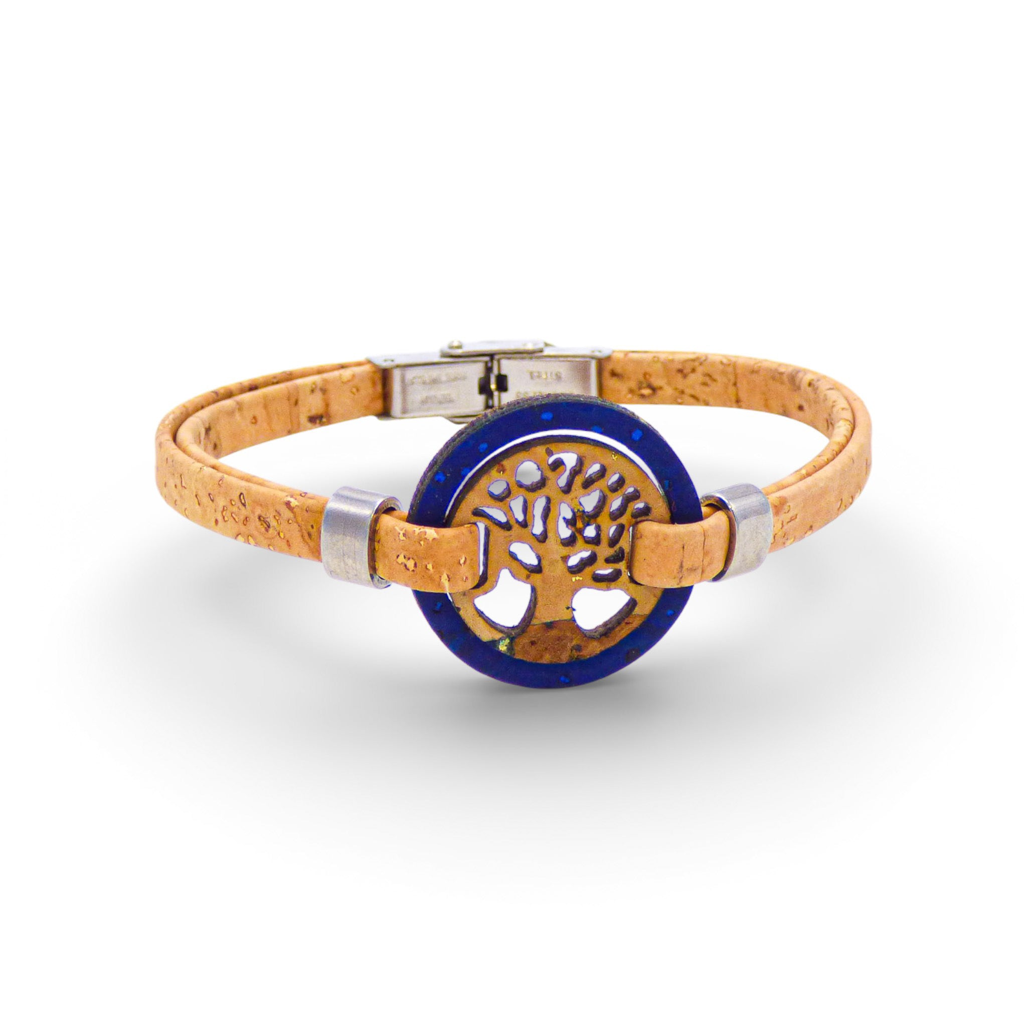 Blue cork women's bracelet featuring a Tree of Life medallion by Cork Colors.