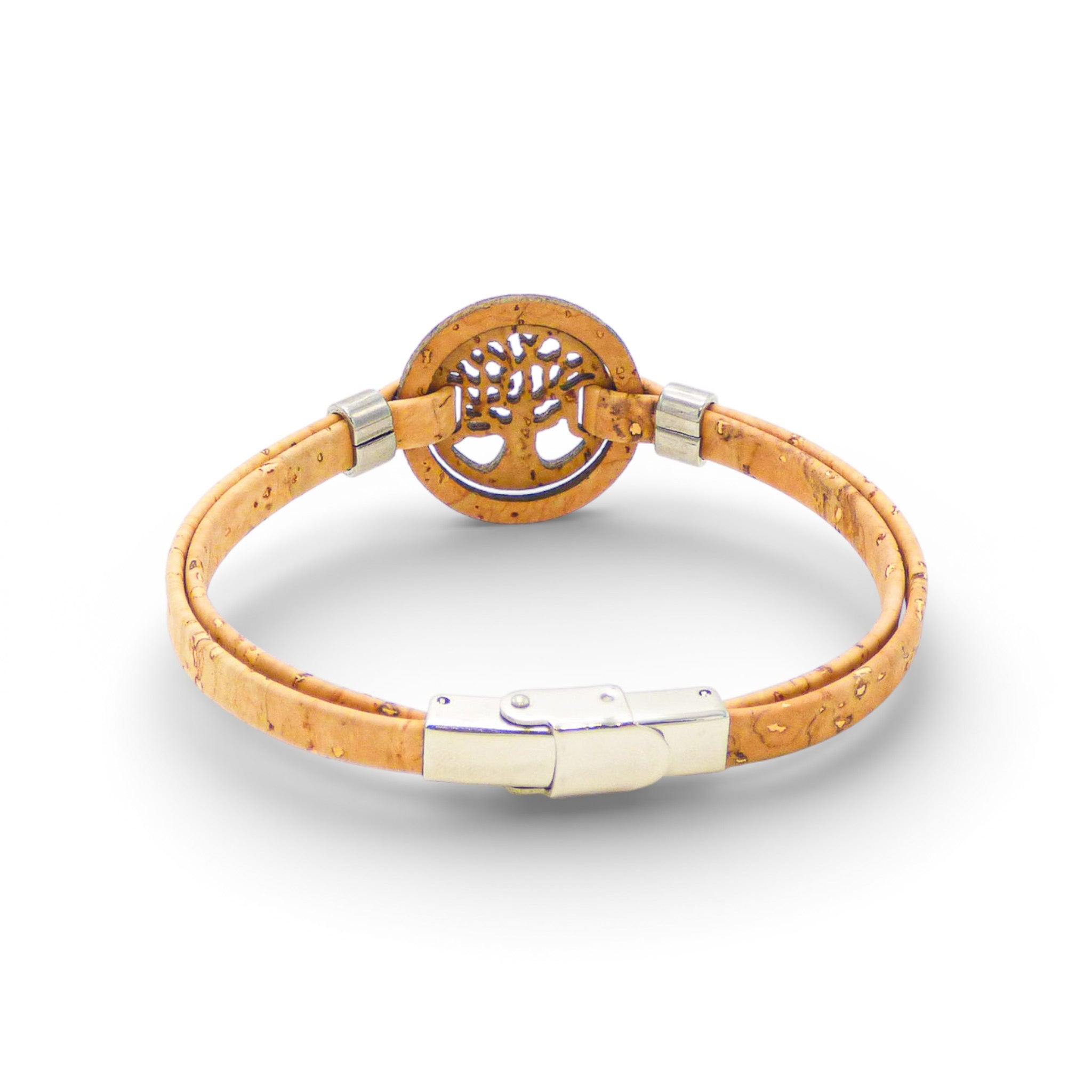 Cork Colors women's Tree of Life medallion bracelet with a golden cork finish and silver clasp.