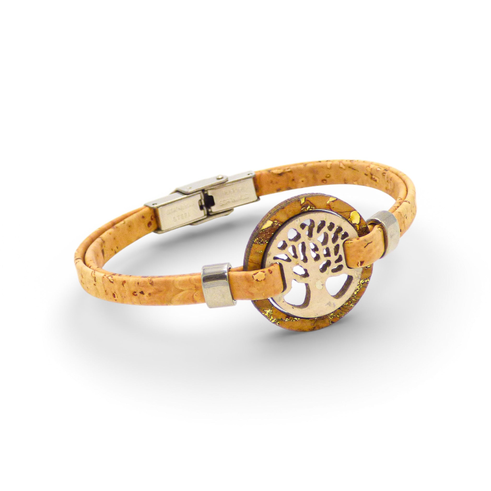 Cork Colors women's bracelet featuring a gold tree of life medallion and a white clasp on a cork band.