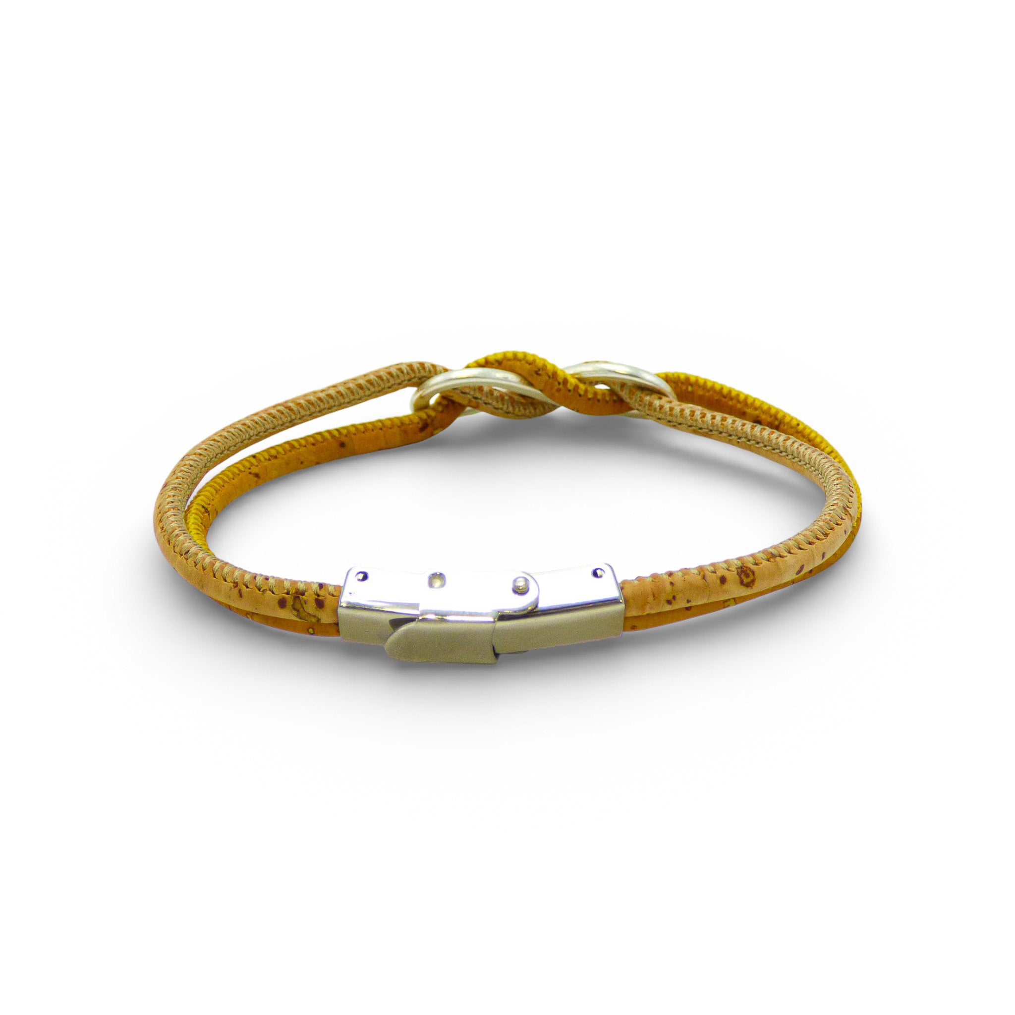 Yellow infinity bracelet by Cork Colors made from cork with a silver clasp, showcasing a unique and eco-friendly design.