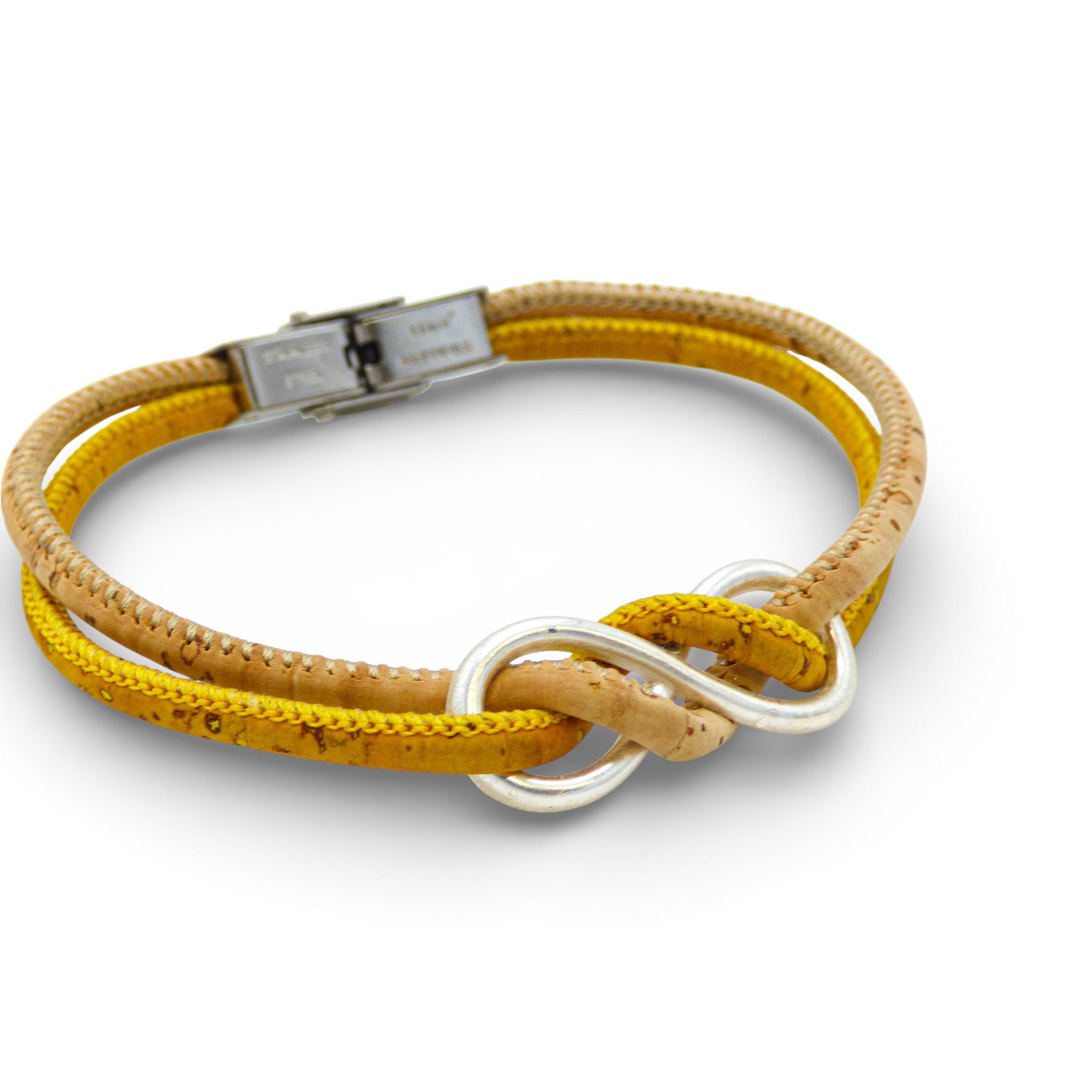 Infinity bracelet by Cork Colors featuring a yellow cork design and silver clasp, highlighting its unique texture and style.