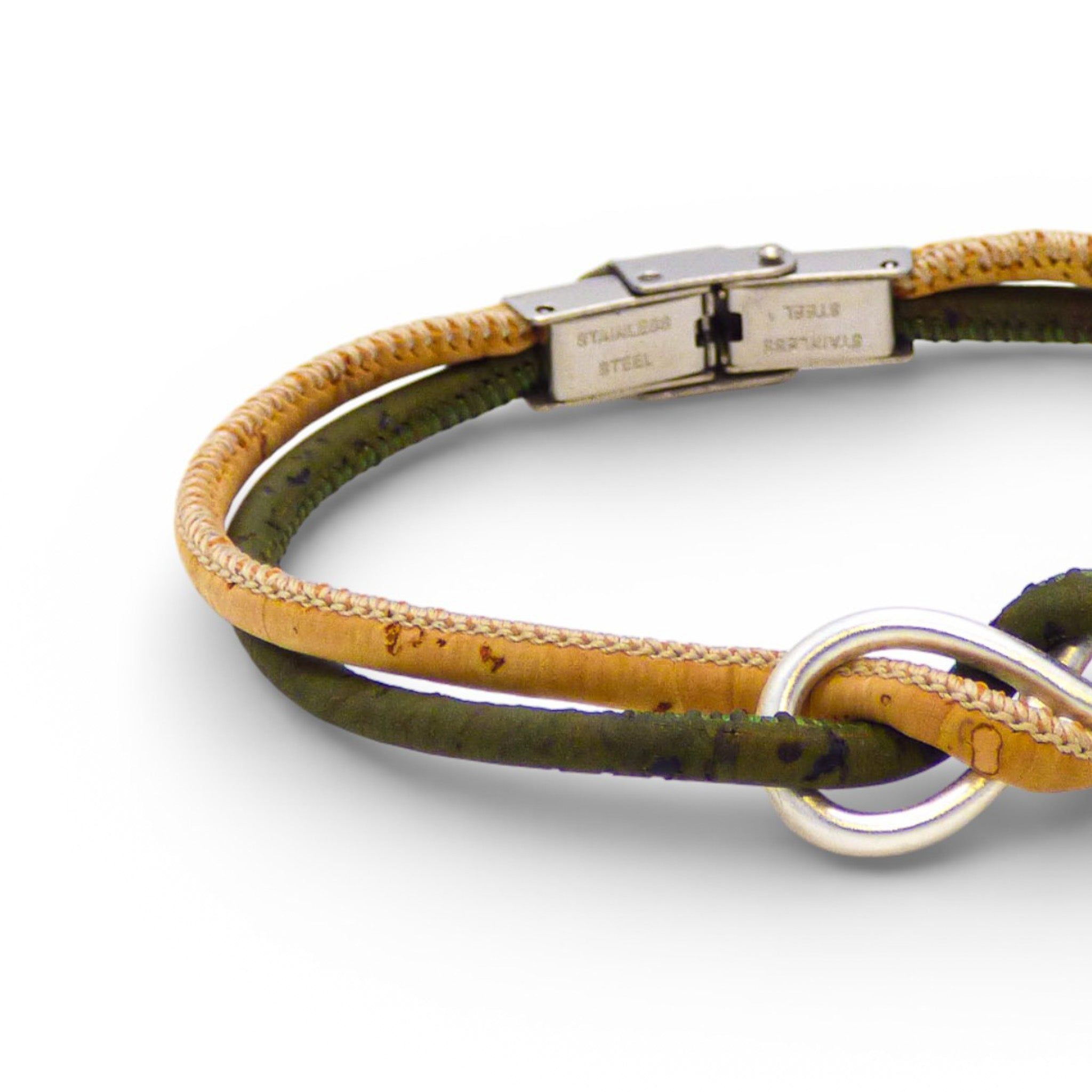 Infinity bracelet by Cork Colors featuring a green cork design and silver clasp, showcasing a stylish and eco-friendly accessory.