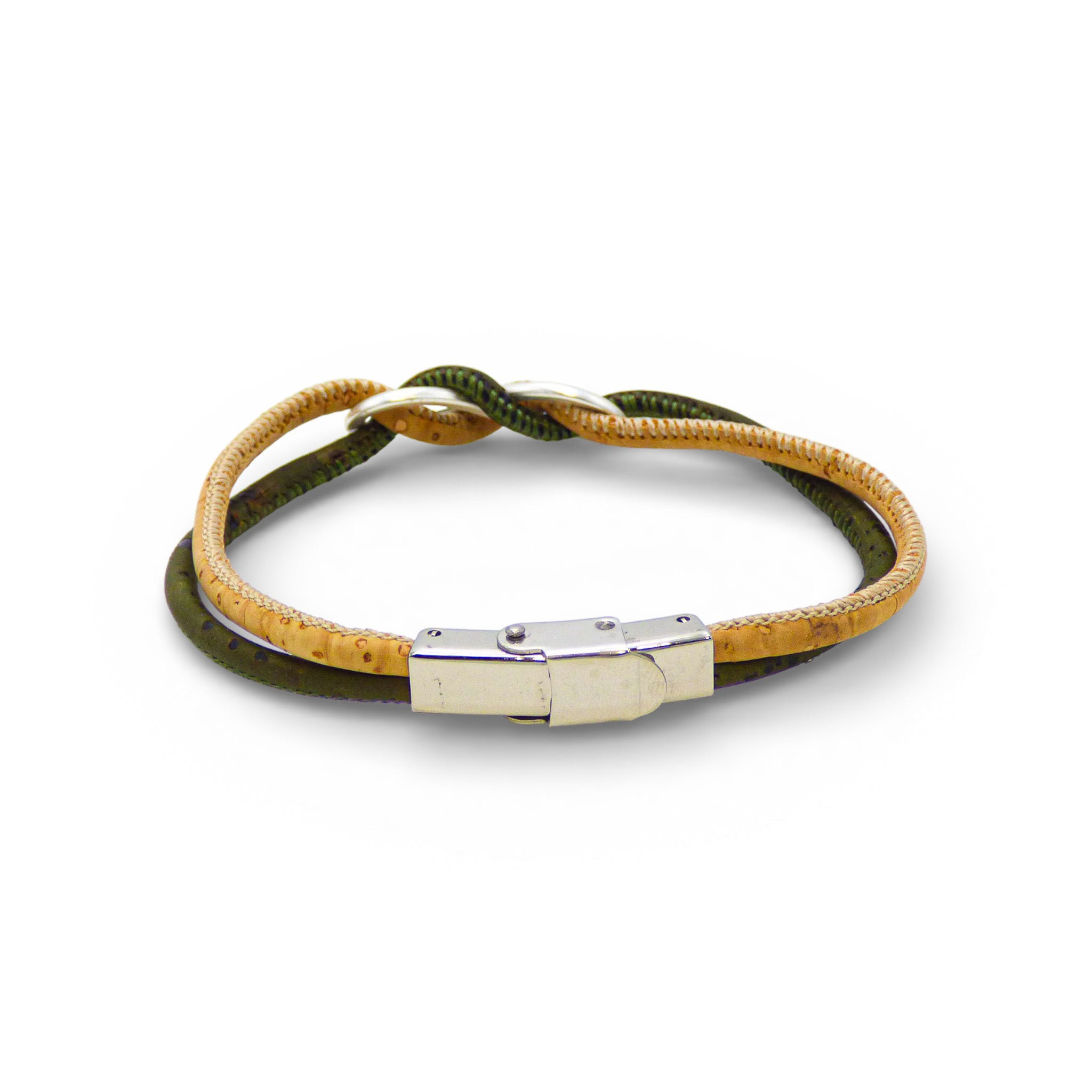 Infinity bracelet by Cork Colors featuring a green cork design and silver clasp, showcasing a unique and eco-friendly style.