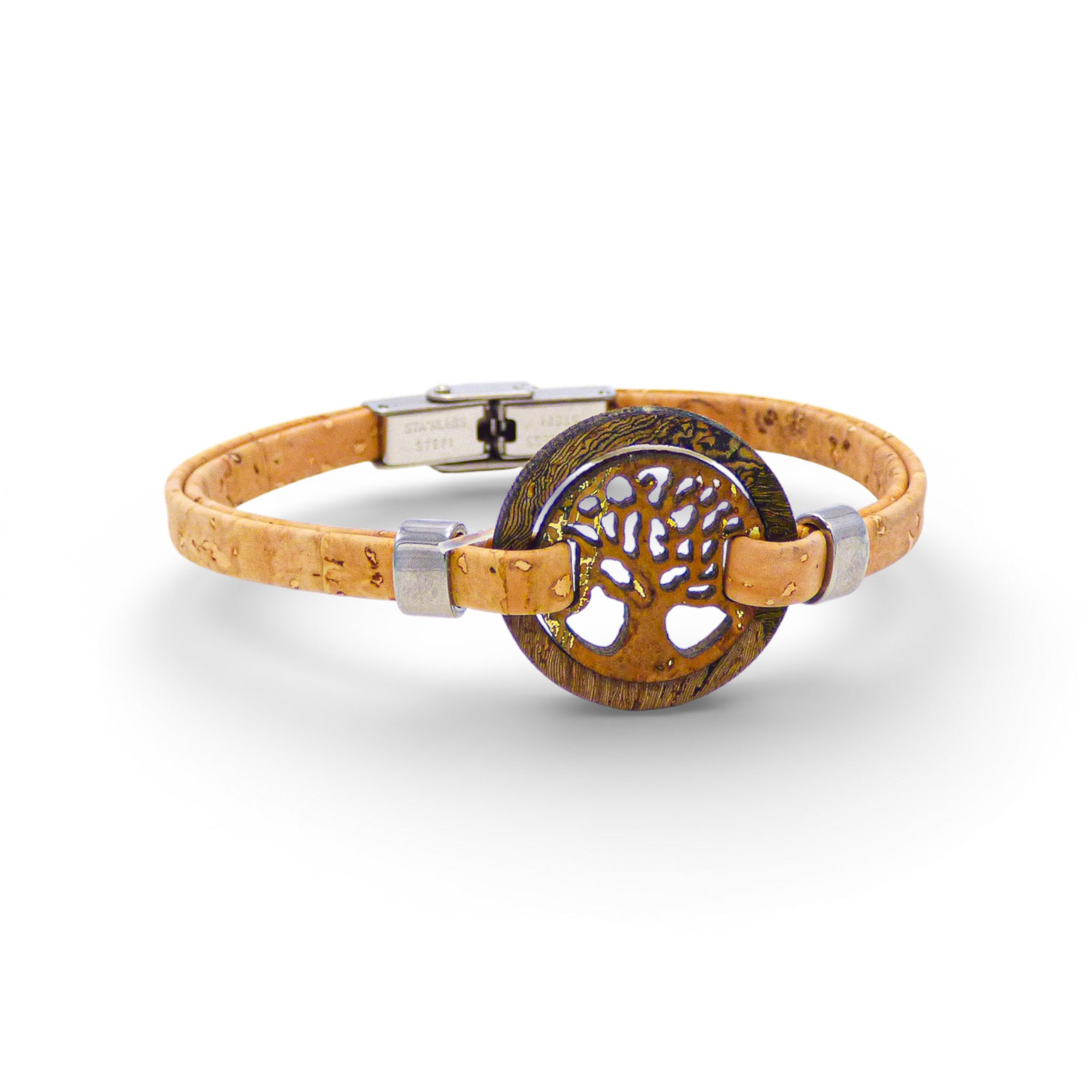 Cork Colors women's Tree of Life medallion bracelet in blue and gold with a marble finish.