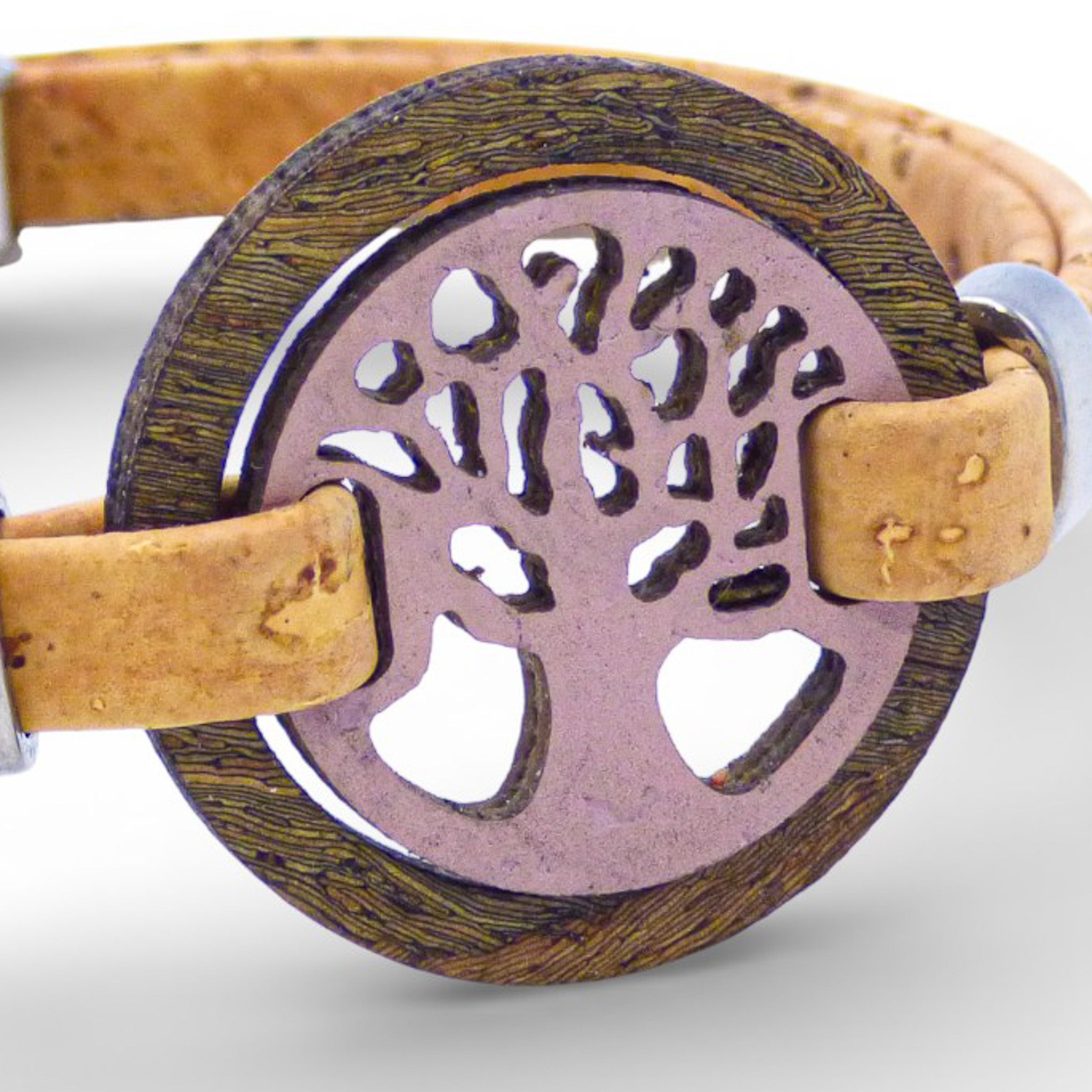 Blue and pink Cork Colors women's bracelet featuring a tree of life medallion on a cork band.