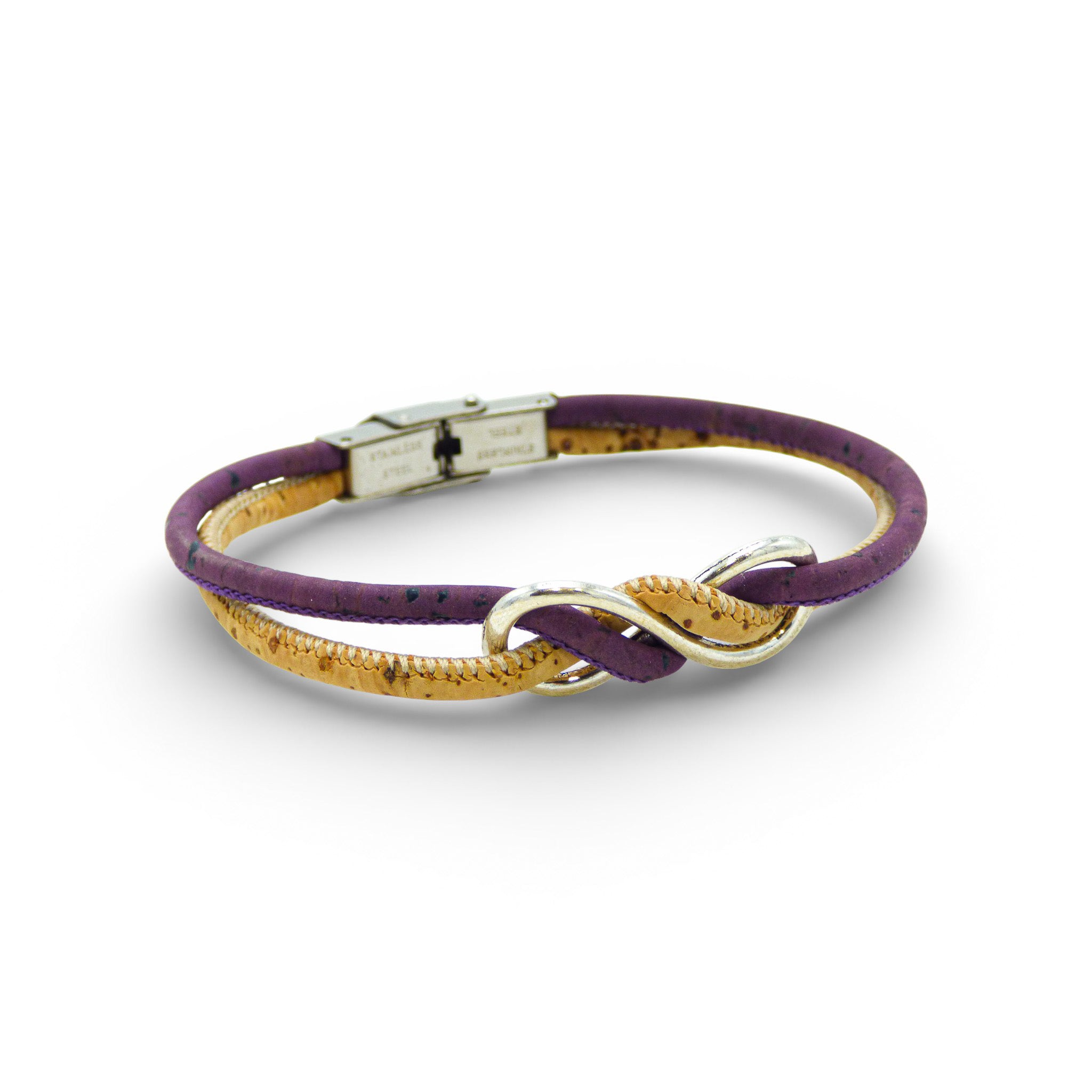 Mauve infinity bracelet by Cork Colors with silver clasp, showcasing a stylish cork design.