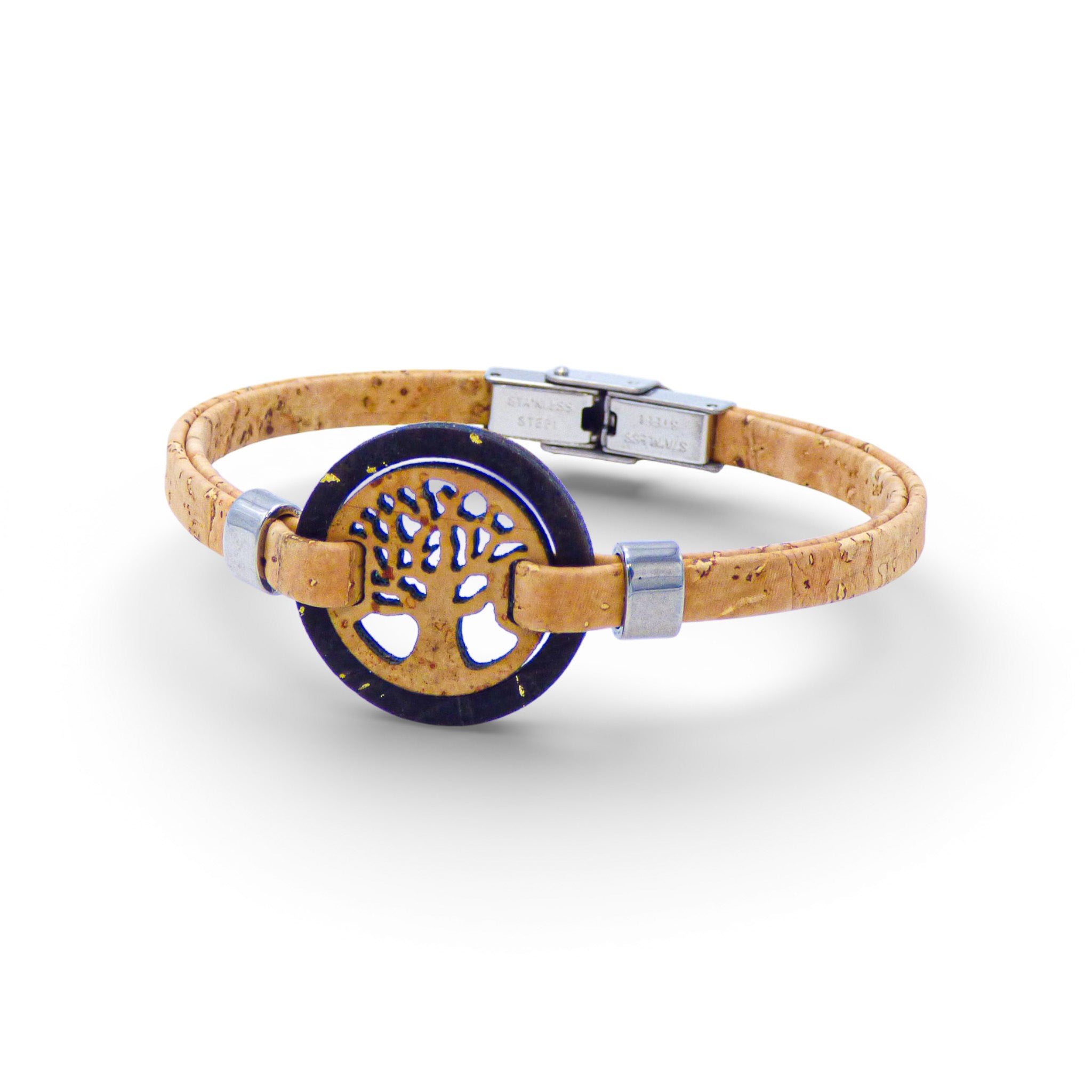 Black and gold Tree of Life medallion bracelet made from cork by Cork Colors for women.