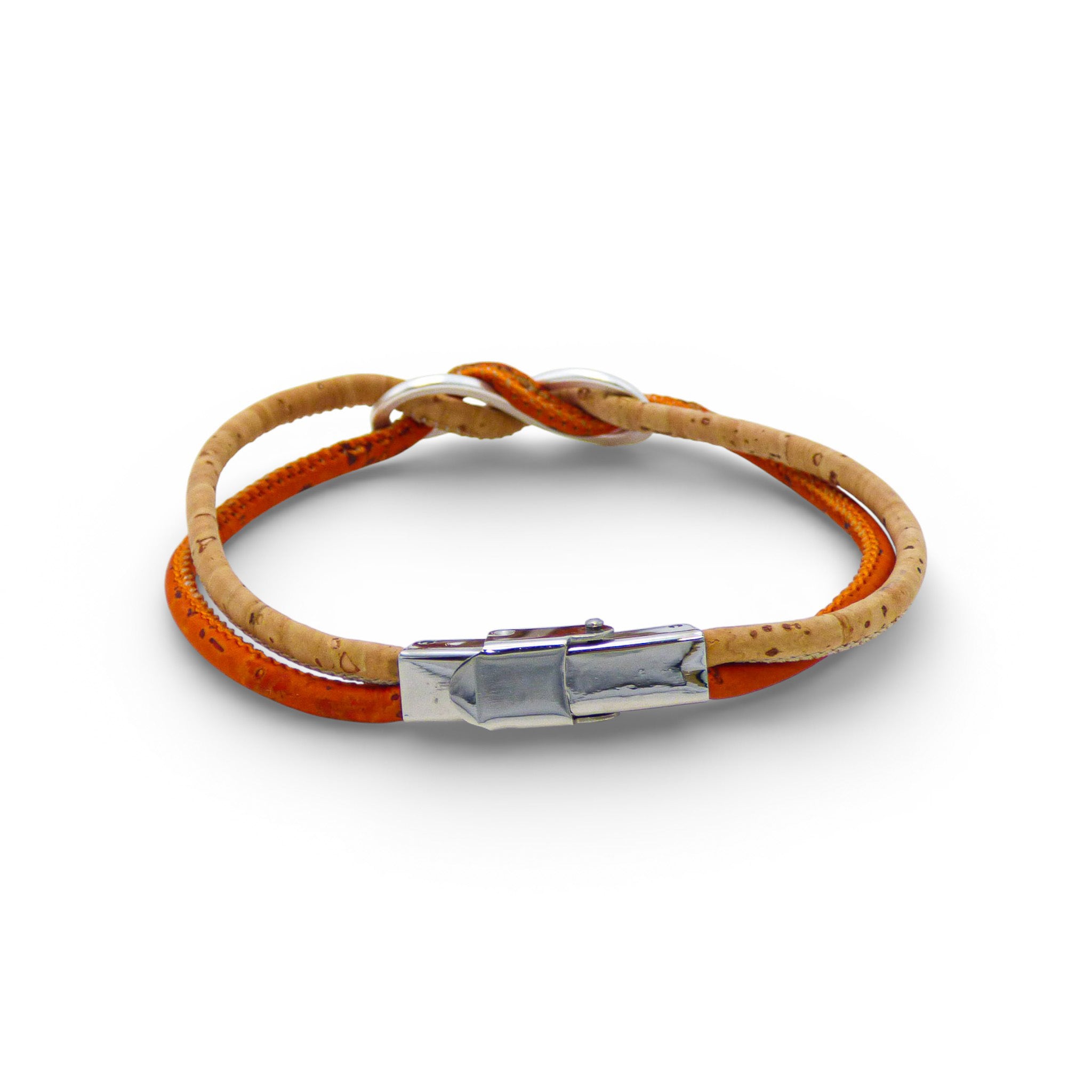 Orange infinity bracelet from Cork Colors featuring cork material and a silver clasp design. Perfect for casual wear.