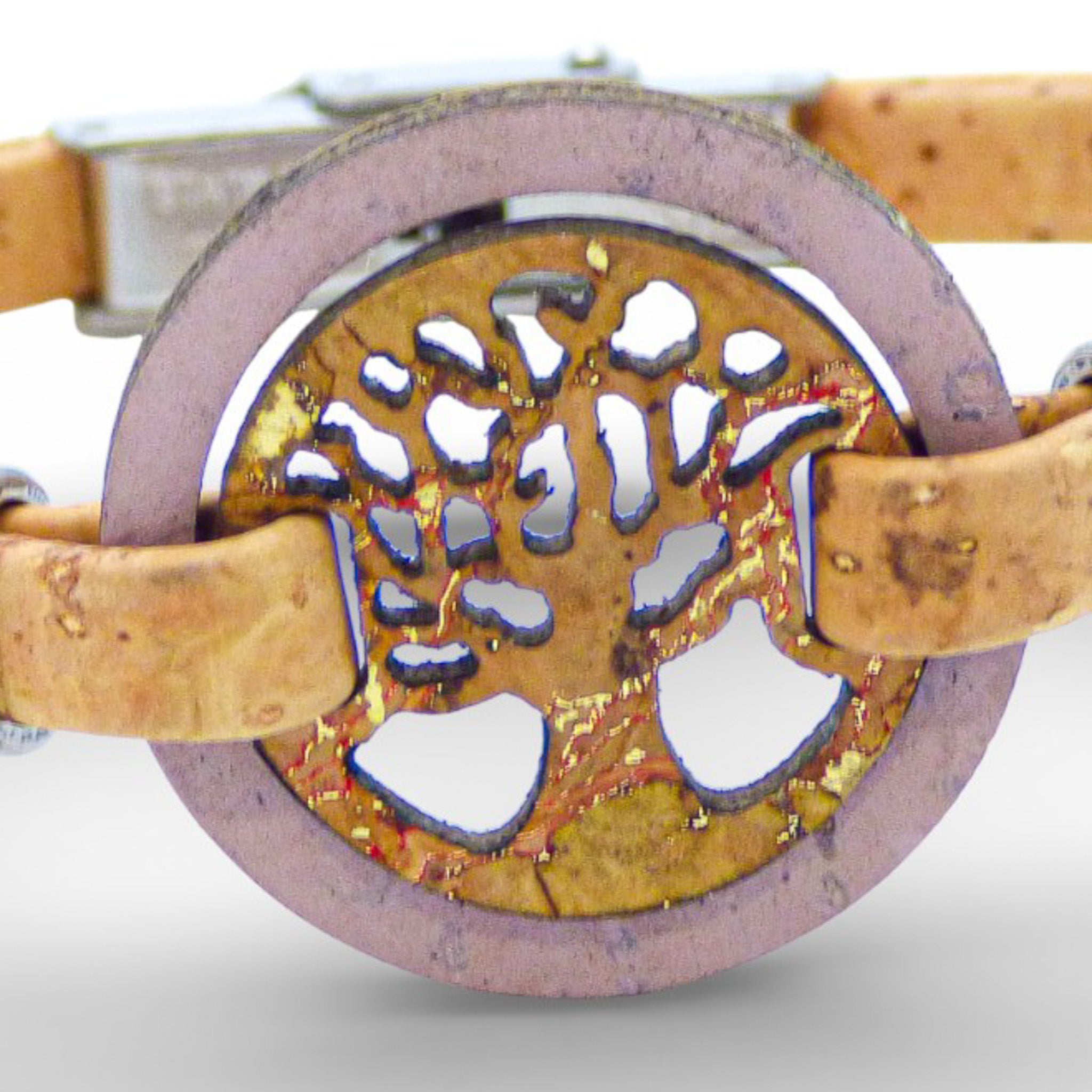Delicate Cork Colors bracelet featuring a gold-tone Tree of Life medallion on a pale pink and red cork band.