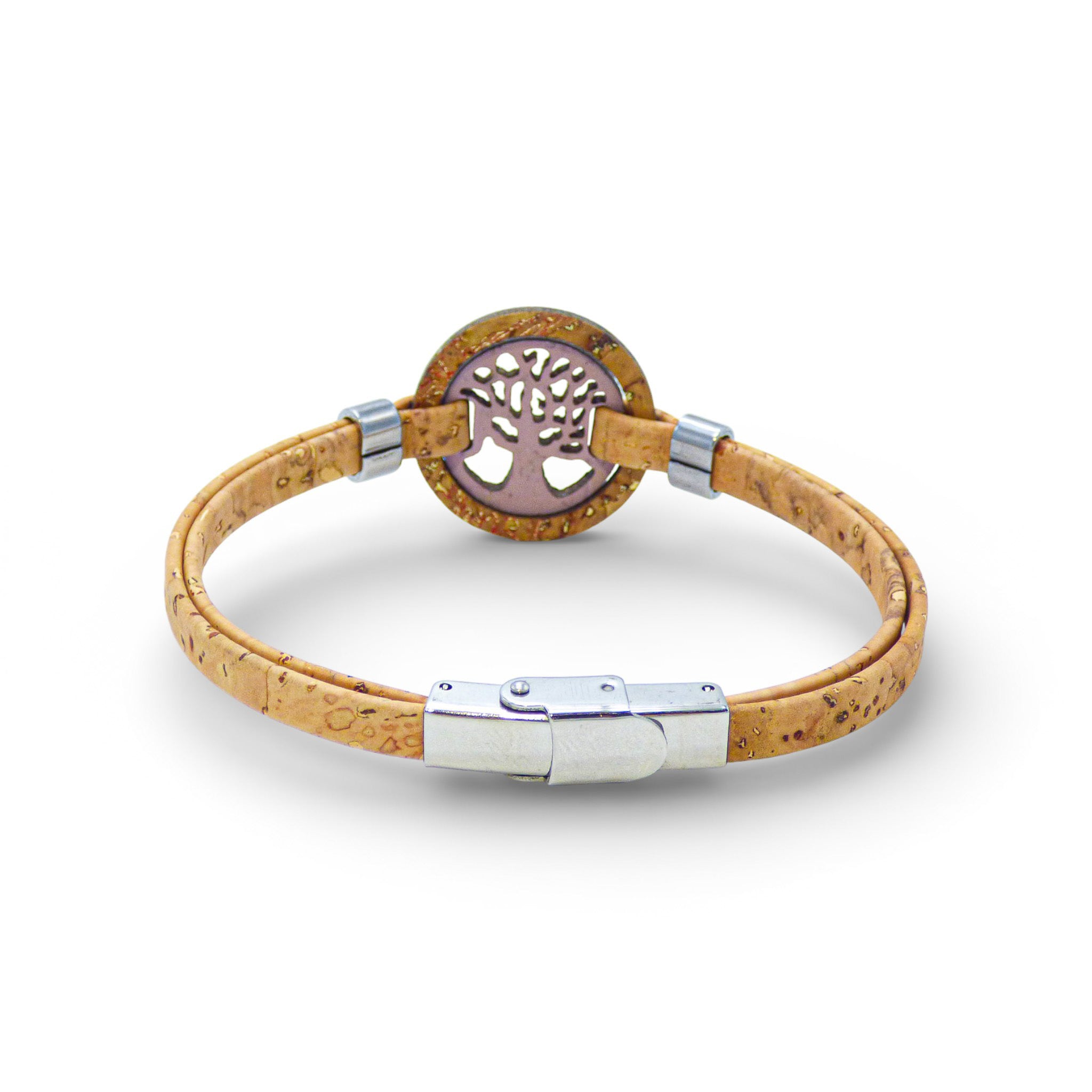 Rose pale and red-gold Tree of Life medallion bracelet by Cork Colors, showcasing a delicate cork design for women.
