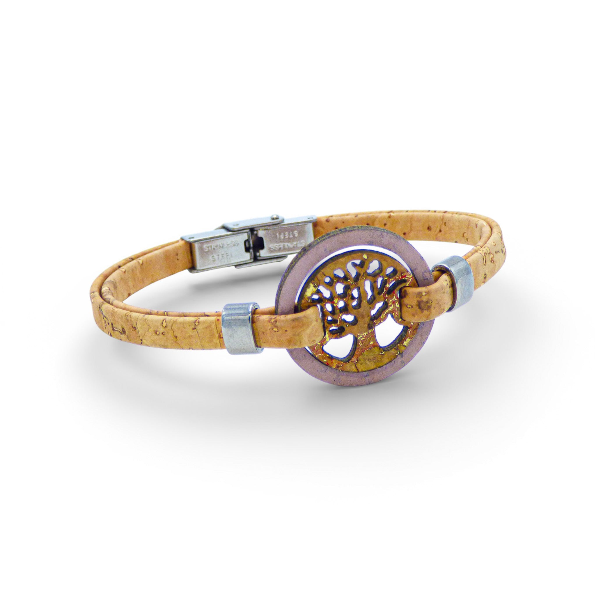 Rose pale and red gold Tree of Life medallion cork bracelet for women by Cork Colors.