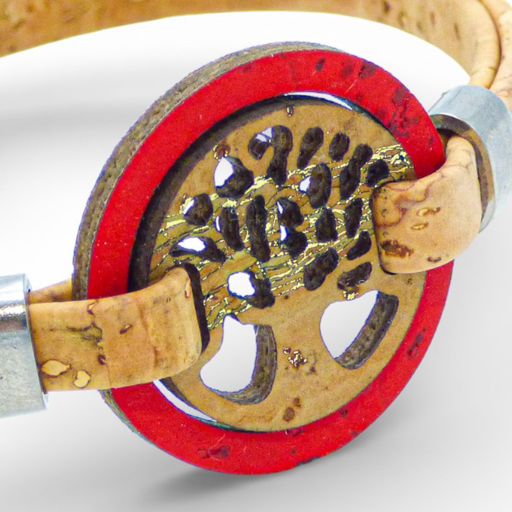 Red and gold Tree of Life medallion bracelet made of cork for women by Cork Colors.