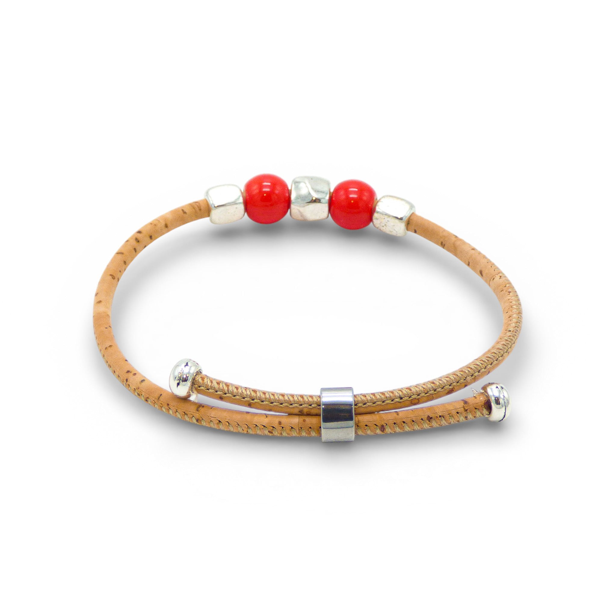 Delicate Cork Colors bracelet with red pearls and silver clasp, showcasing a fine, minimalist design.