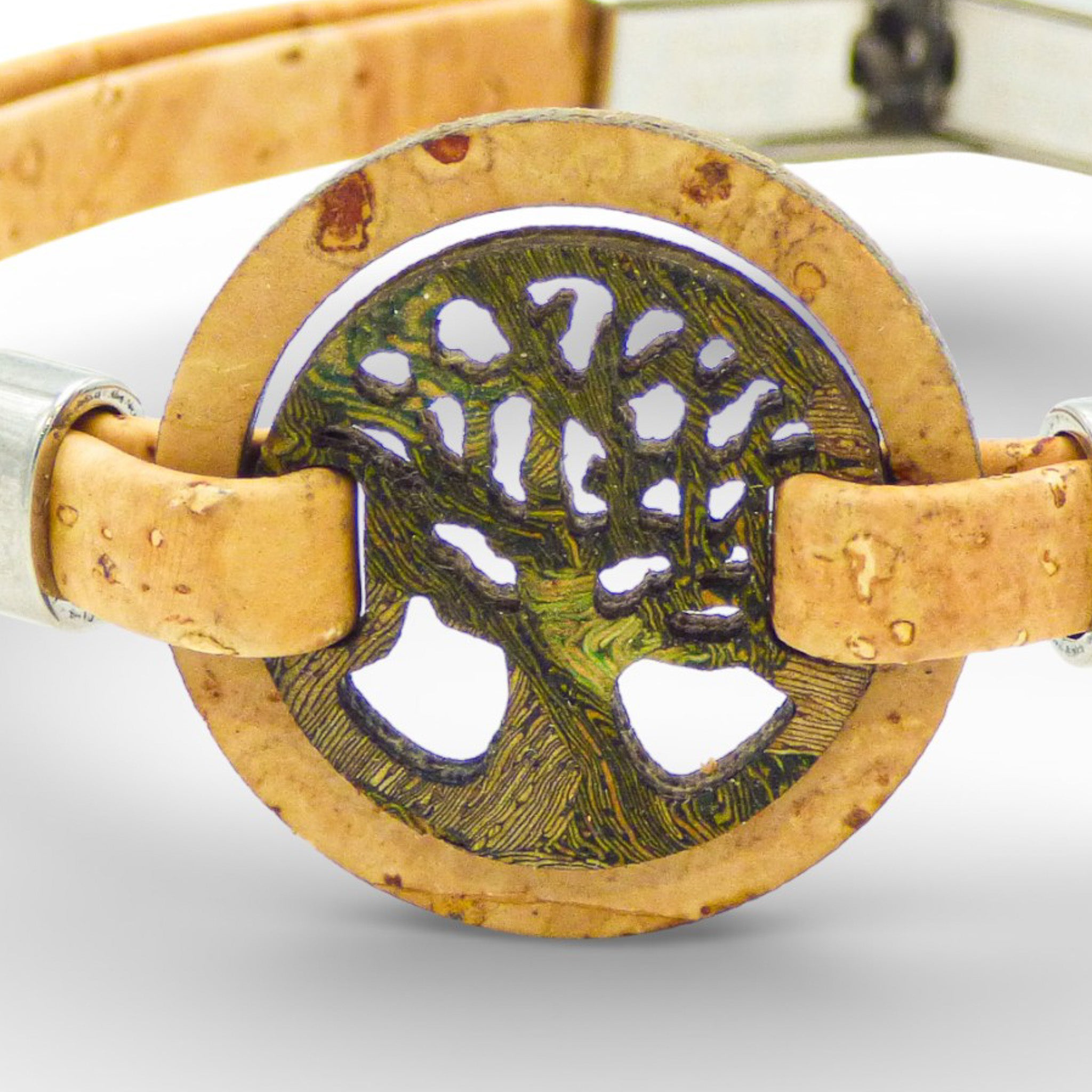 Green and gold Tree of Life medallion bracelet made from cork by Cork Colors for women.