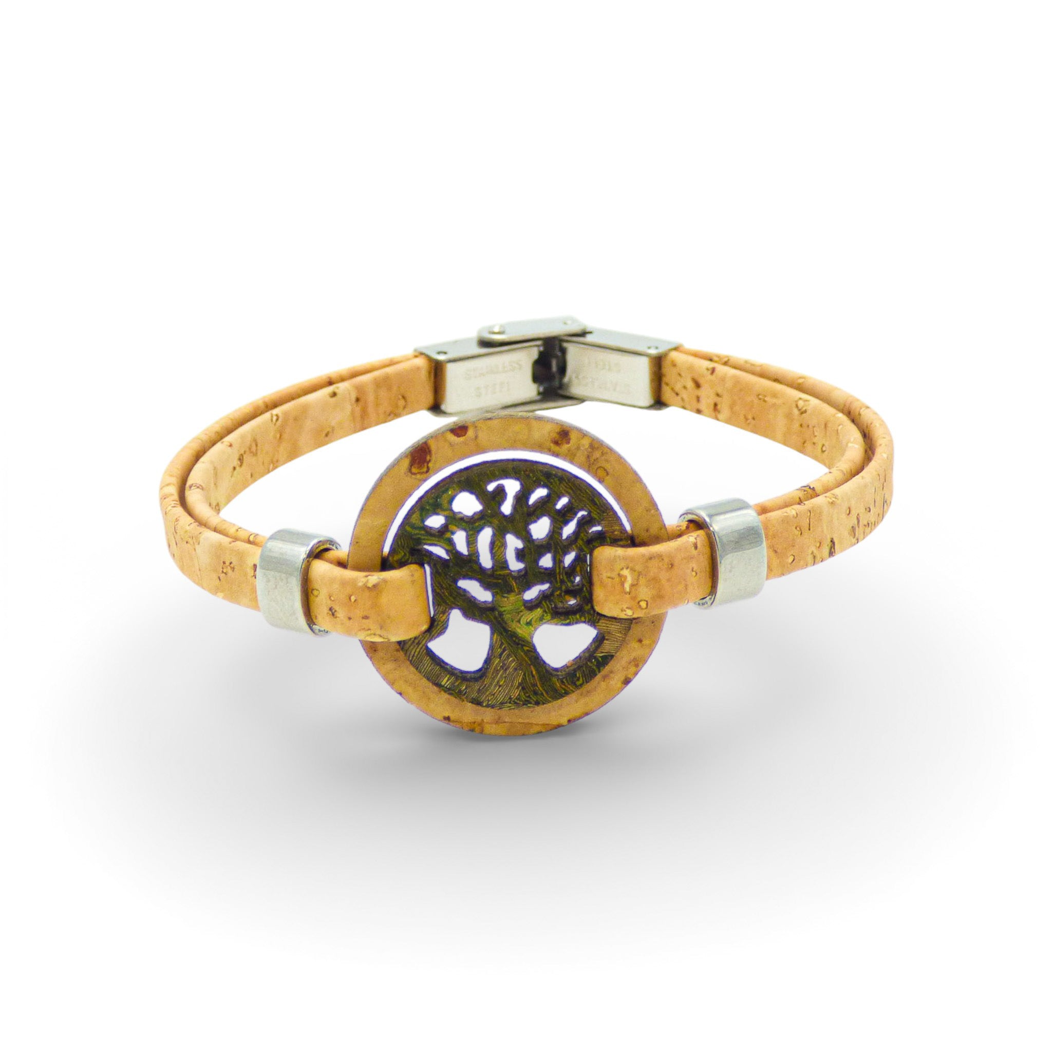 Green and gold women’s cork bracelet featuring a Tree of Life medallion by Cork Colors.