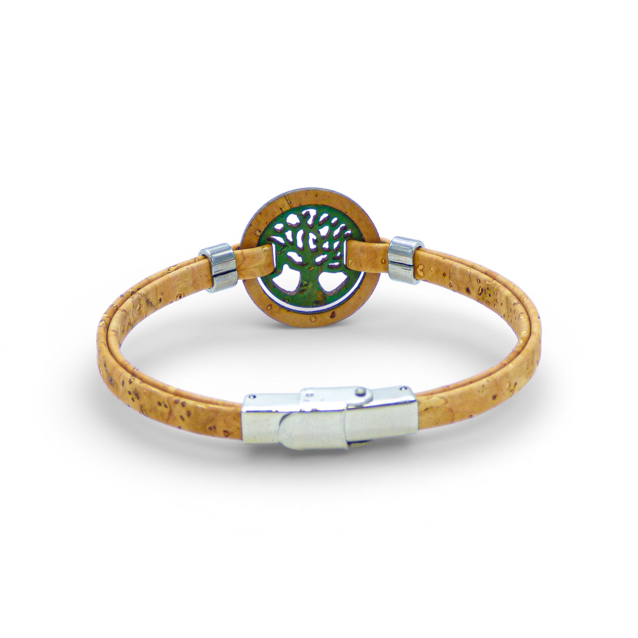 Green natural cork bracelet featuring a Tree of Life medallion by Cork Colors for women.