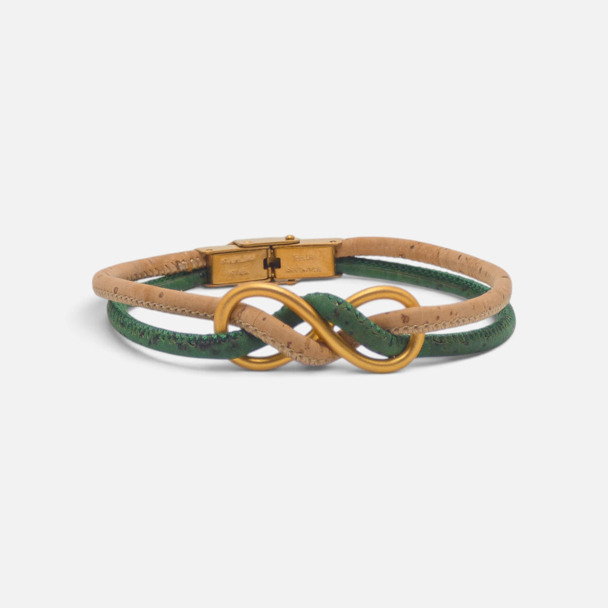 Nœud infini doré sur un bracelet en liège vert, fermoir aimanté