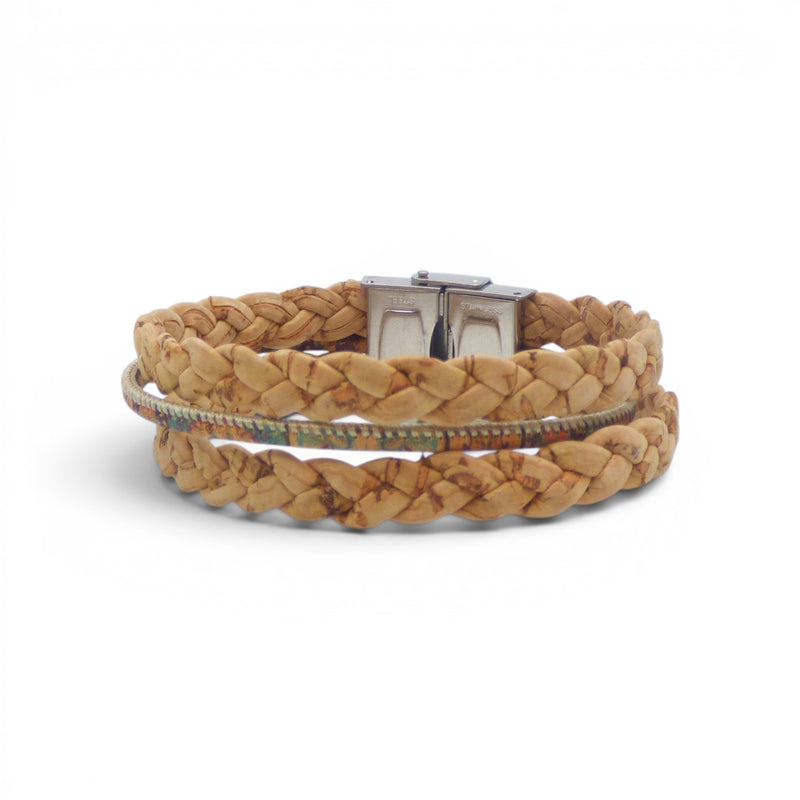 Bracelet 3 cordons en liège tressé avec détail motif mosaïque, bijou artisanal fait main au Portugal