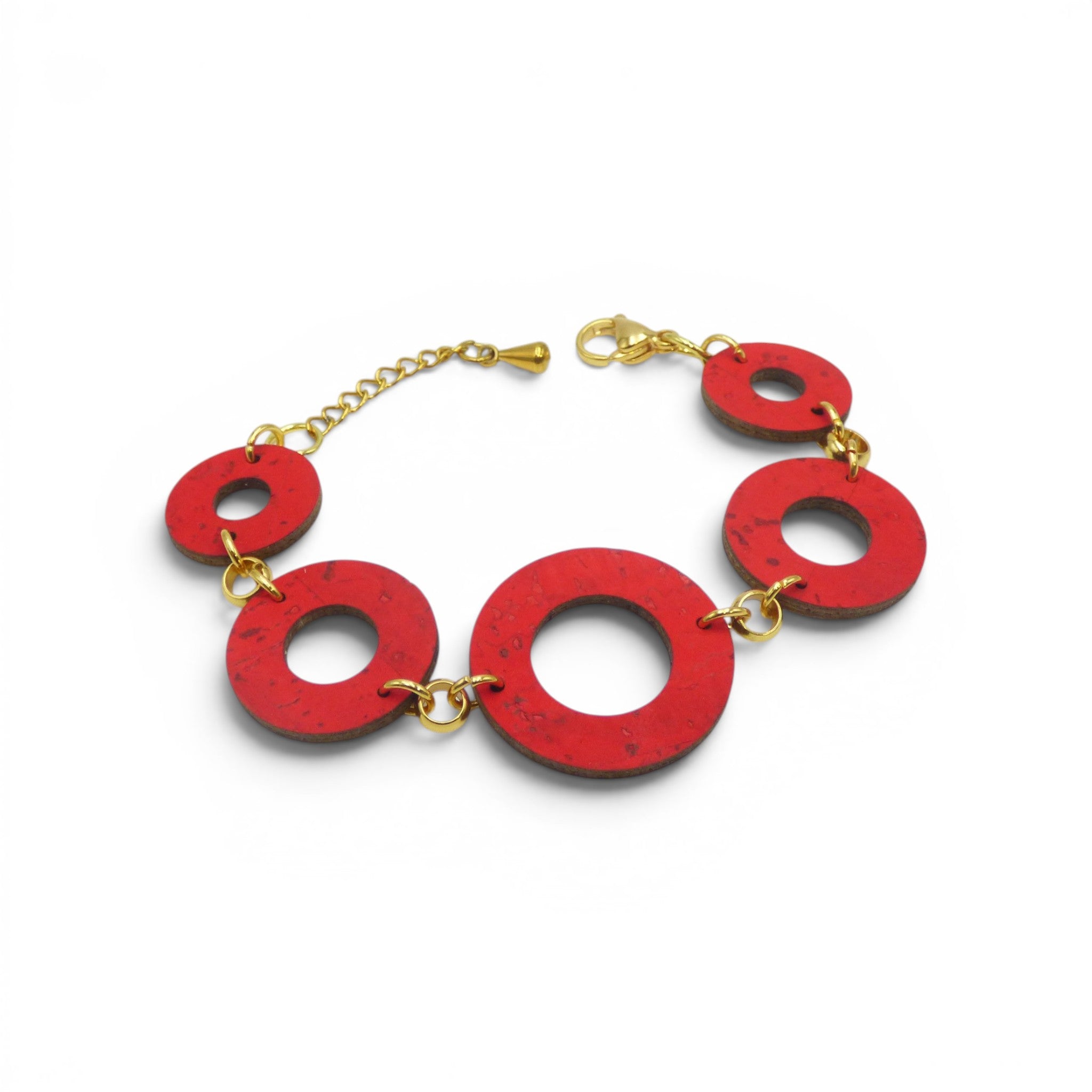 Bracelet fin 5 ronds en liège naturel et mtal doré, bijou artisanal fait main au Portugal