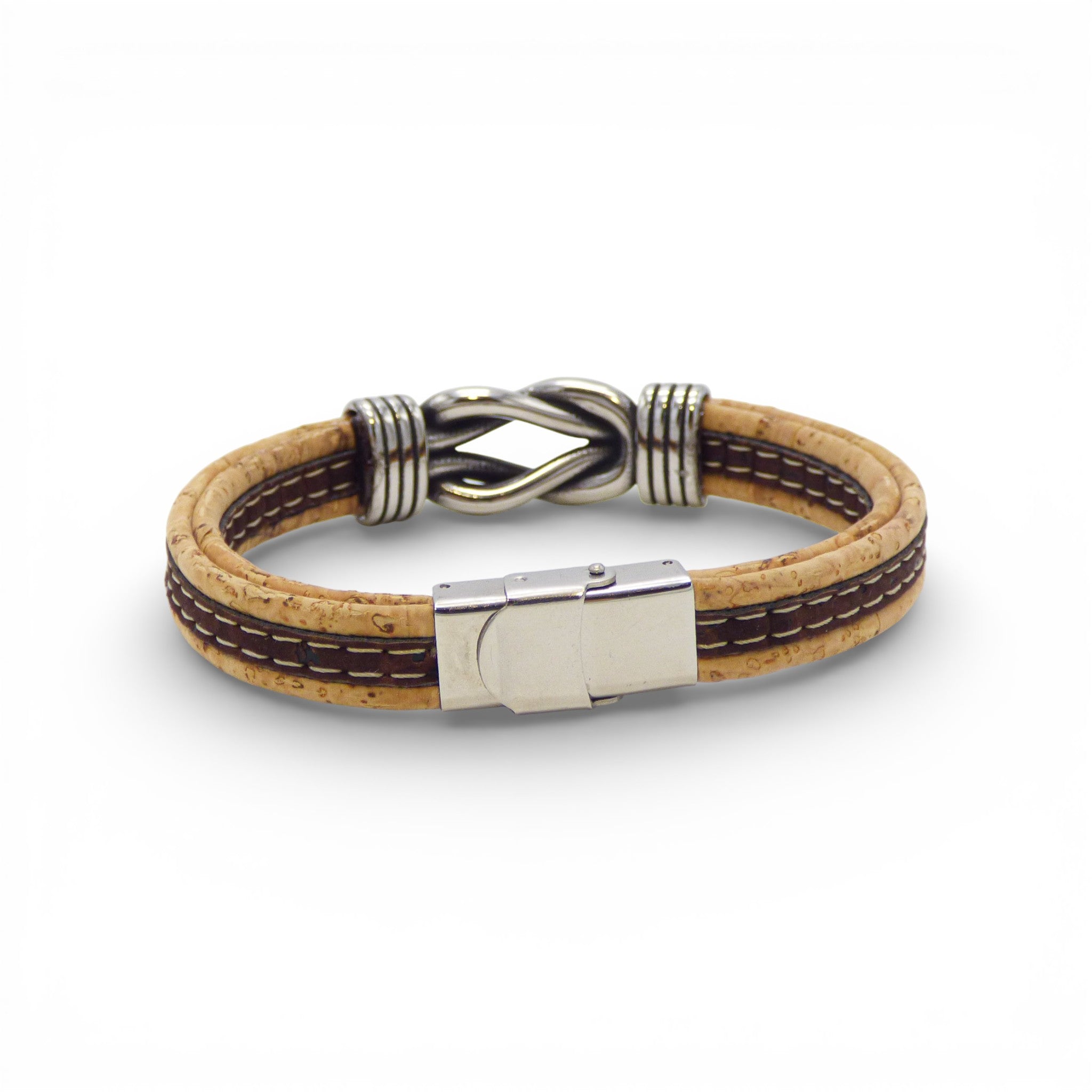 Bicolor natural brown steel knot bracelet for men by Cork Colors, showcasing a unique cork design and stylish craftsmanship.
