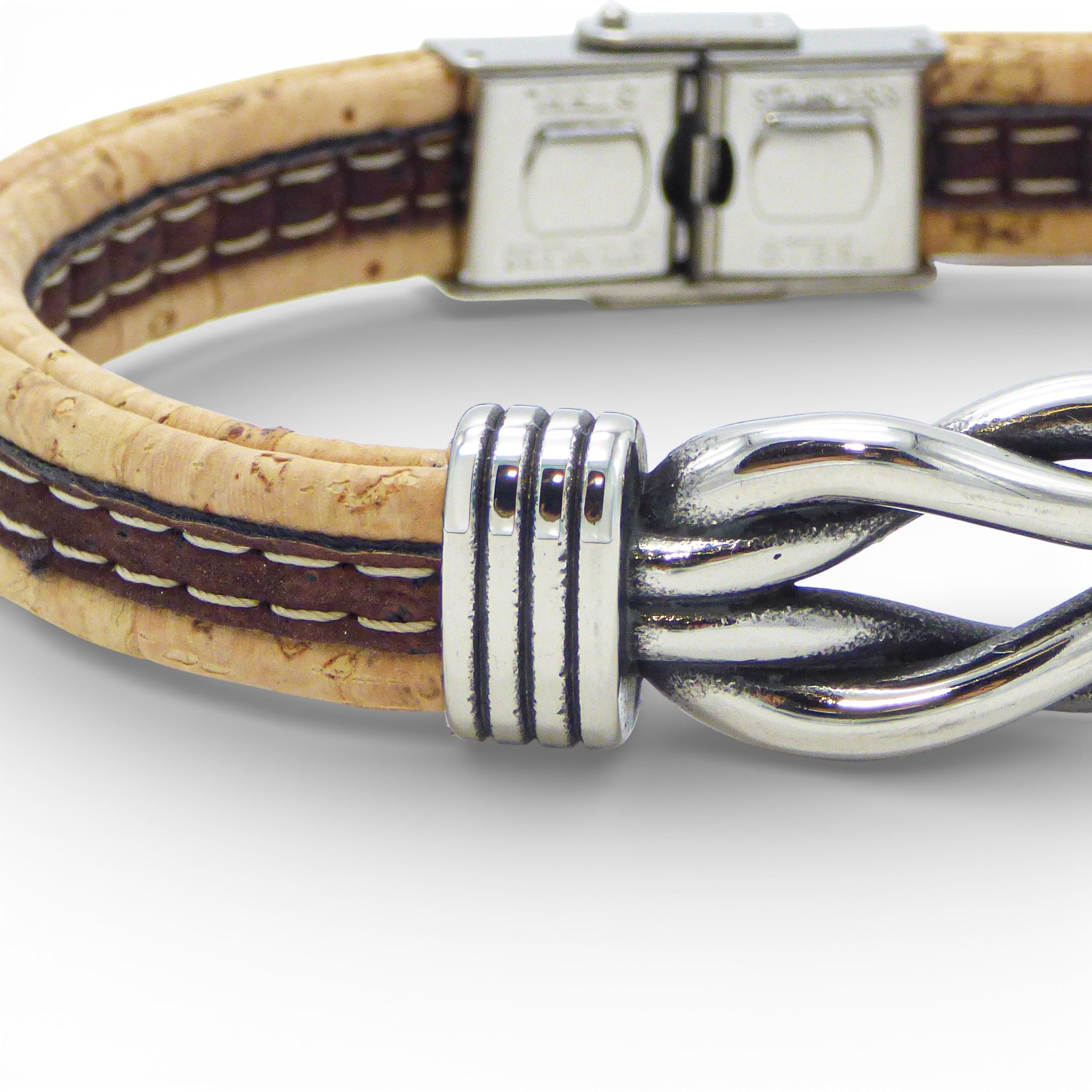 Bicolor men's bracelet featuring a steel knot design, made from natural cork by Cork Colors.